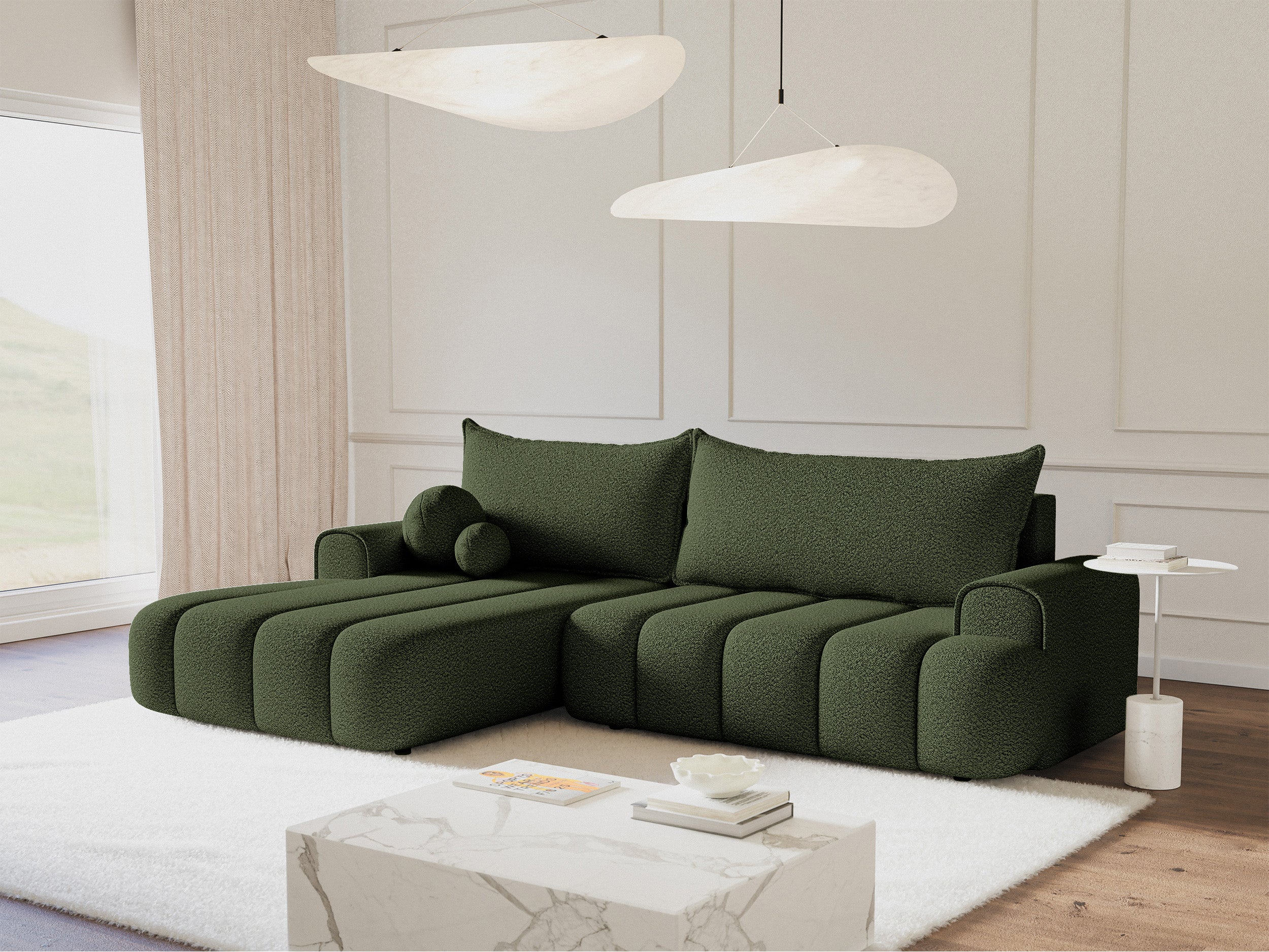Ecksofa mit Schlafunktion Dandelino, L-förmig, linksseitig, mit Stauraum, khaki Bouclé