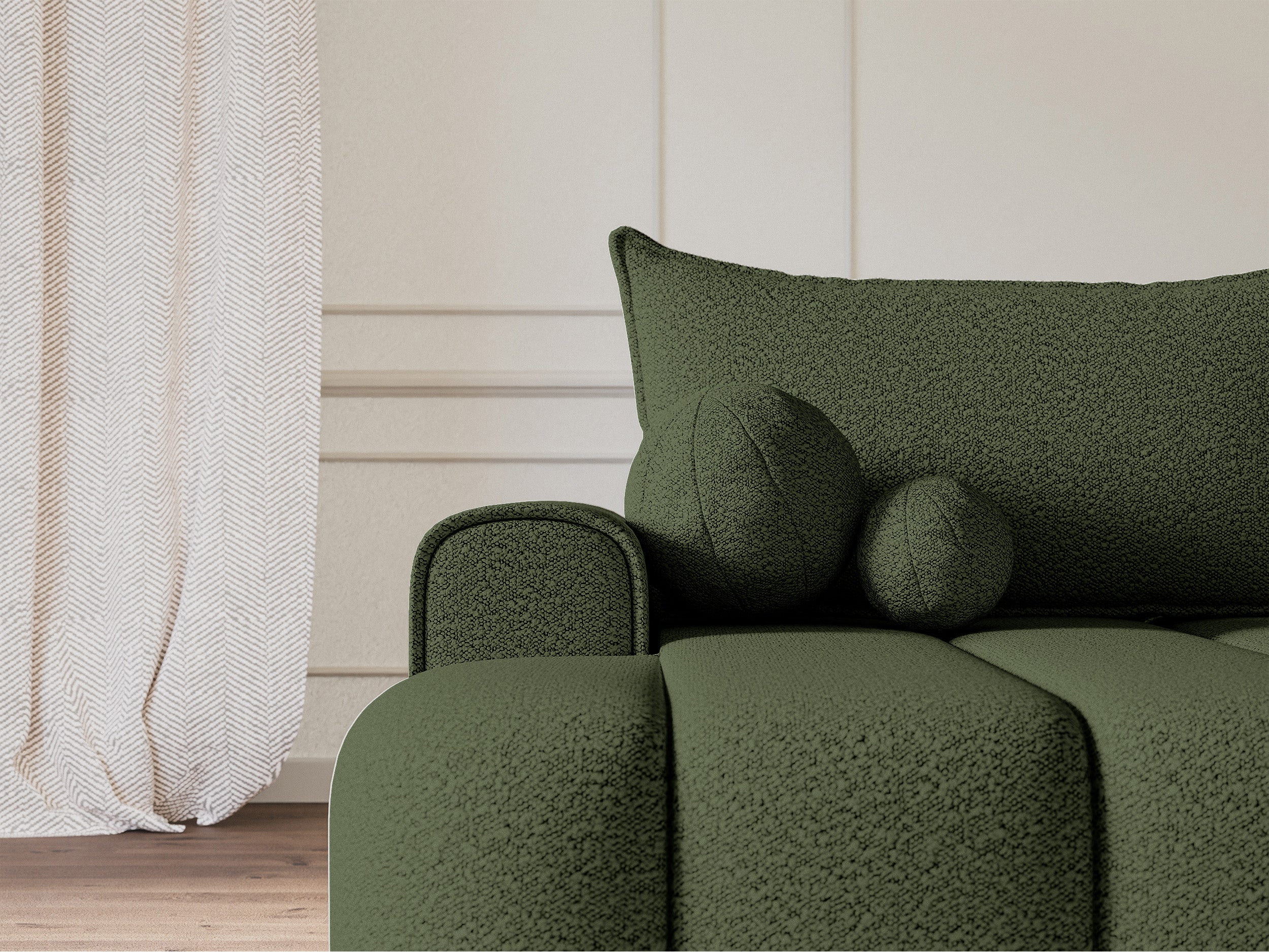 Ecksofa mit Schlafunktion Dandelino, L-förmig, linksseitig, mit Stauraum, khaki Bouclé