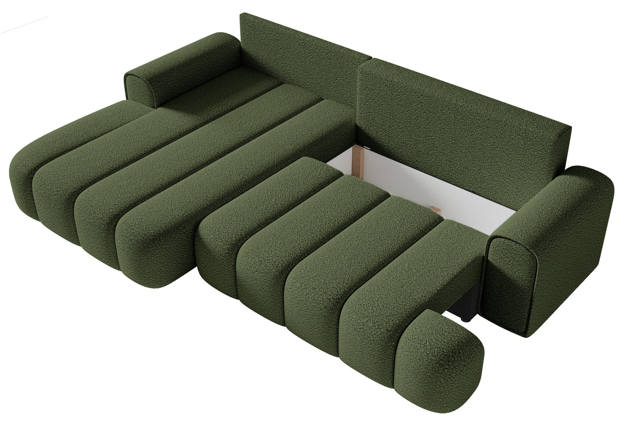 Ecksofa mit Schlafunktion Dandelino, L-förmig, linksseitig, mit Stauraum, khaki Bouclé