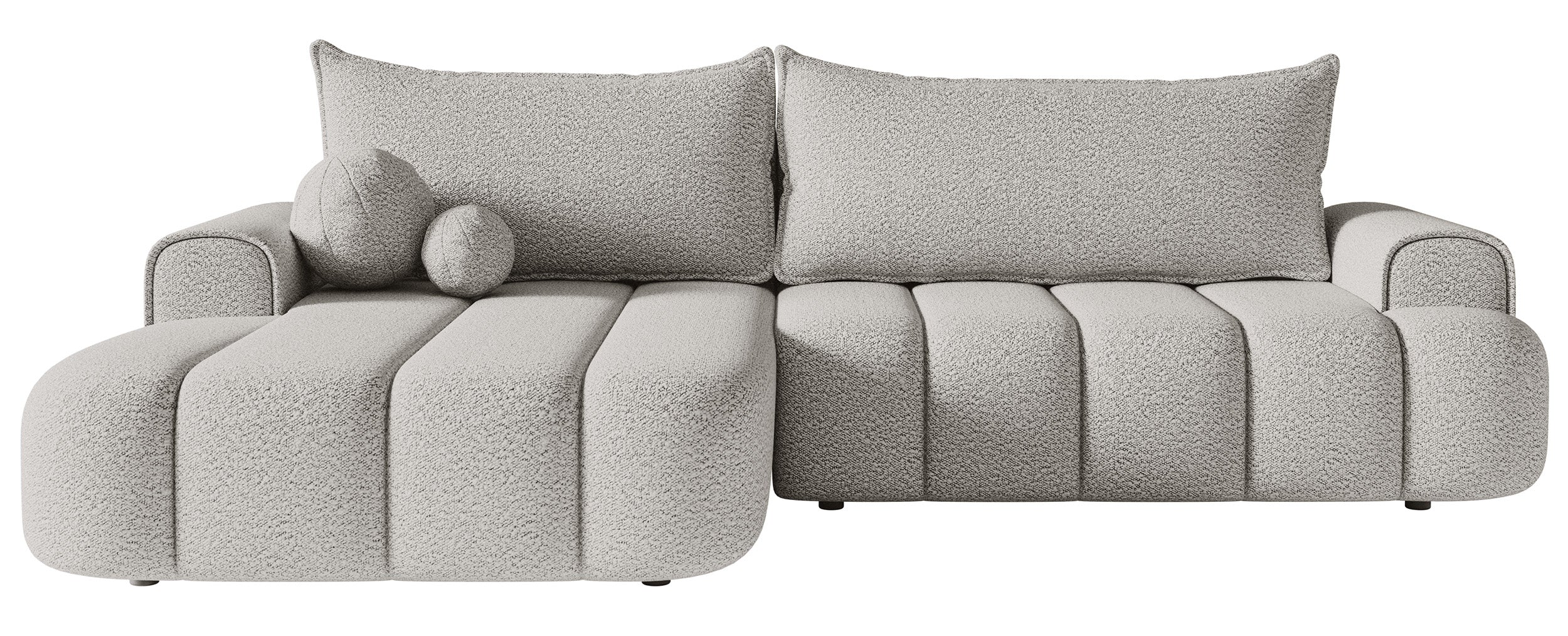 Ecksofa mit Schlaffunktion Dandelino, L-förmig, linksseitig, mit Stauraum, hellgrauer Bouclé-Stoff