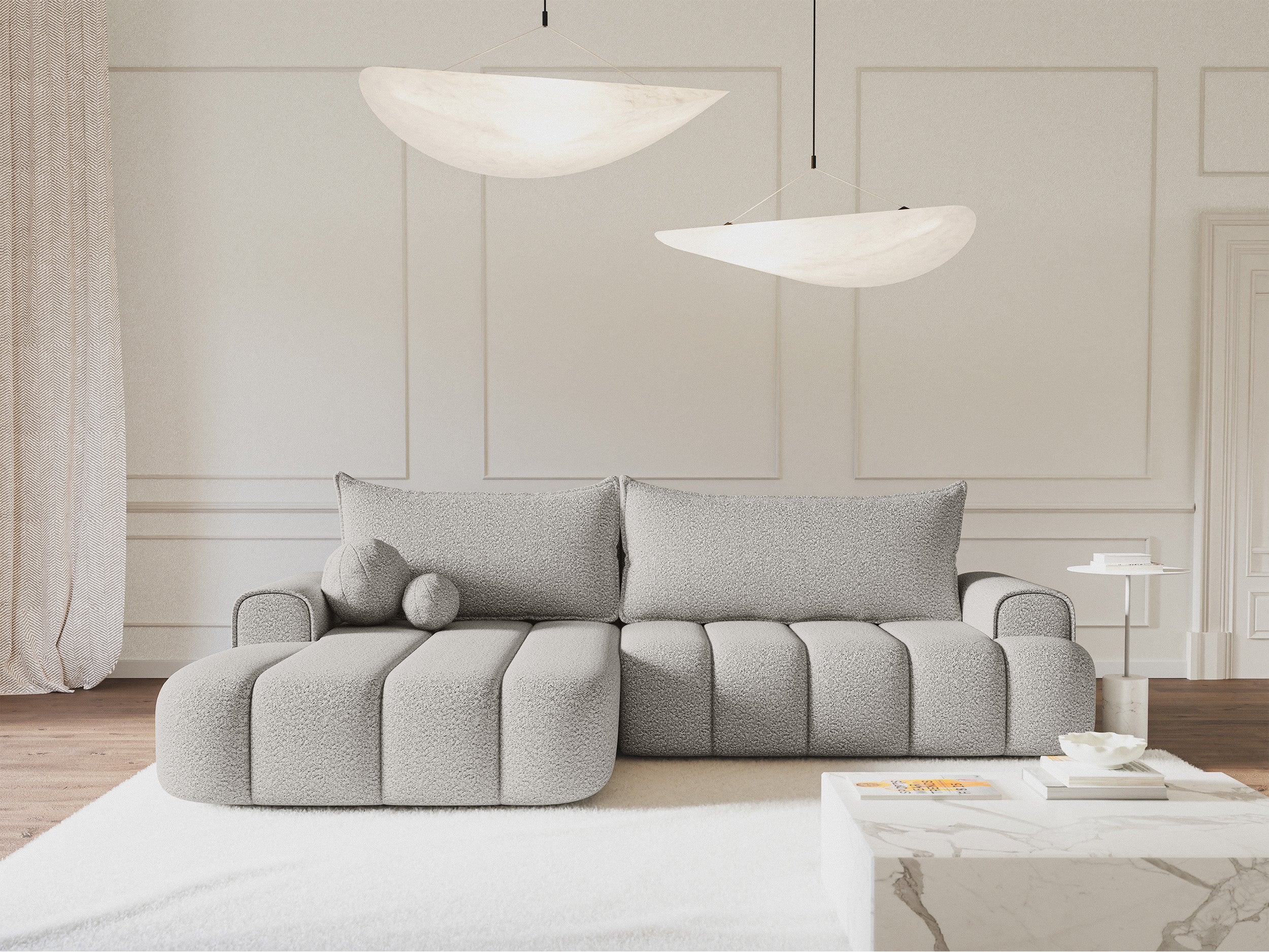 Ecksofa mit Schlaffunktion Dandelino, L-förmig, linksseitig, mit Stauraum, hellgrauer Bouclé-Stoff