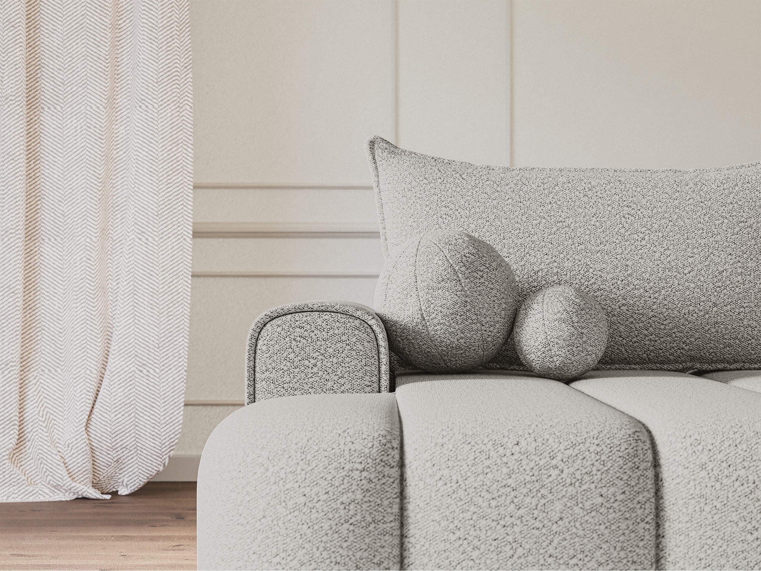 Ecksofa mit Schlaffunktion Dandelino, L-förmig, linksseitig, mit Stauraum, hellgrauer Bouclé-Stoff