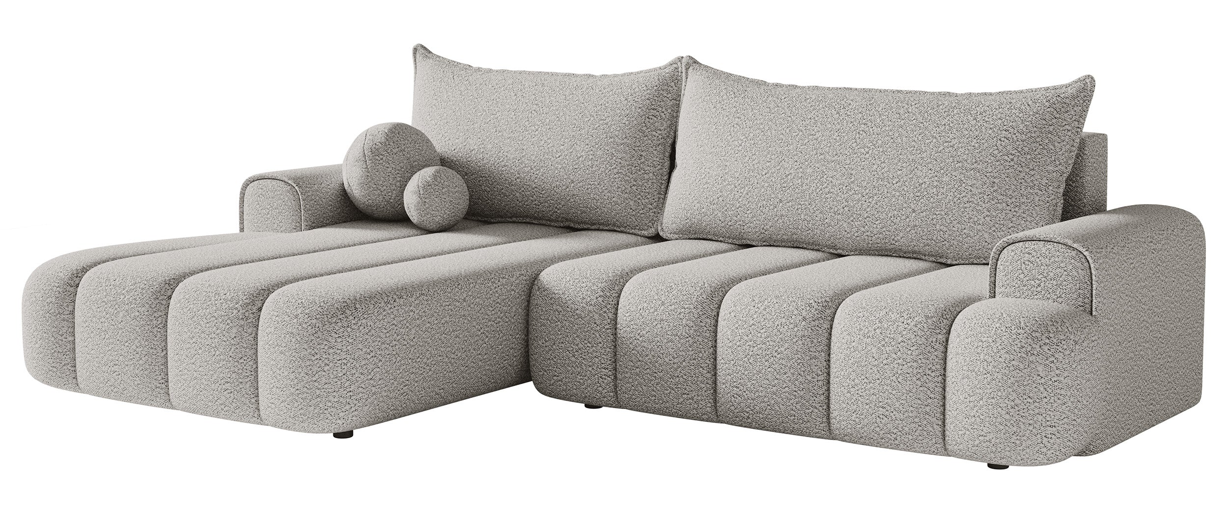 Ecksofa mit Schlaffunktion Dandelino, L-förmig, linksseitig, mit Stauraum, hellgrauer Bouclé-Stoff