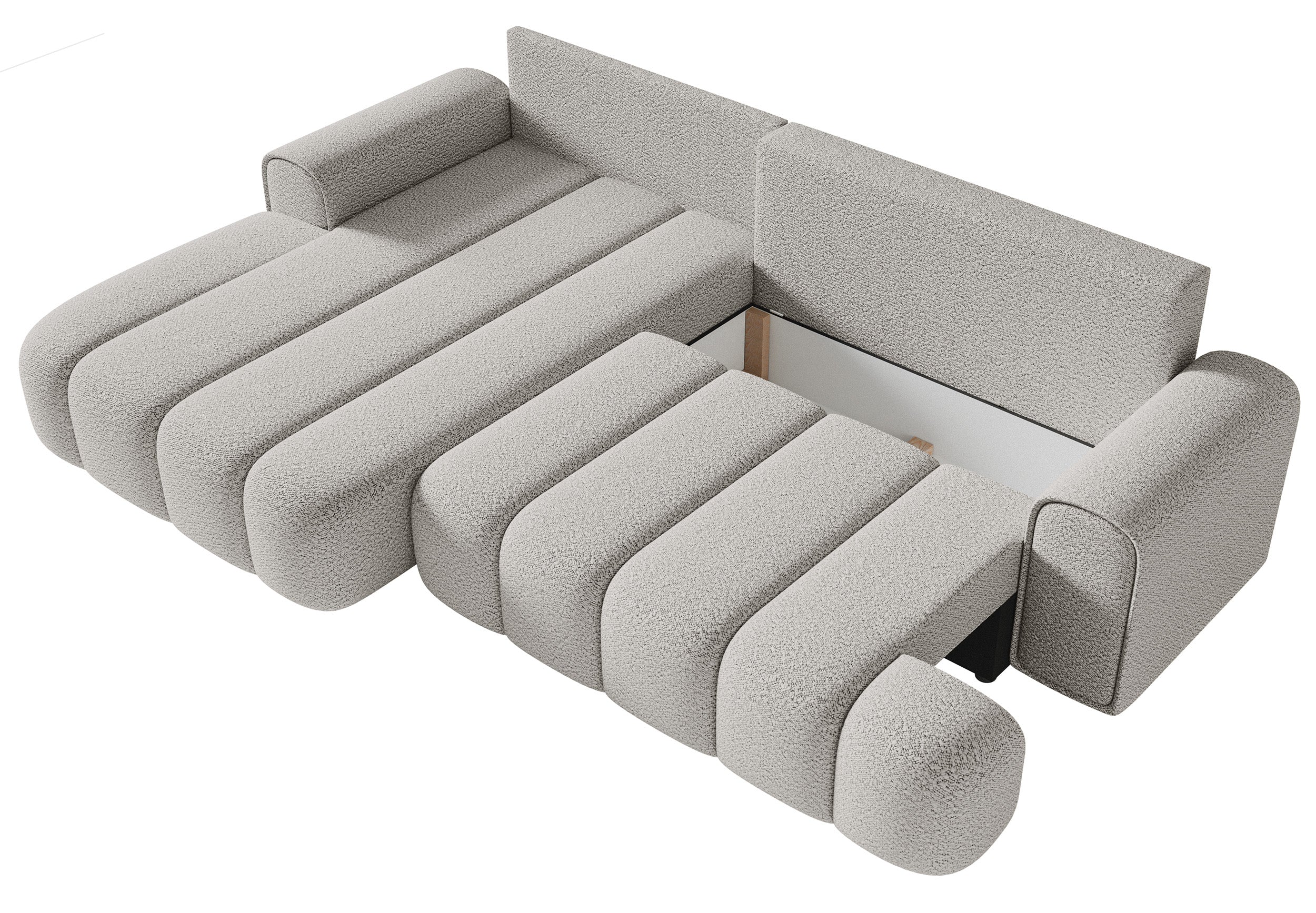 Ecksofa mit Schlaffunktion Dandelino, L-förmig, linksseitig, mit Stauraum, hellgrauer Bouclé-Stoff
