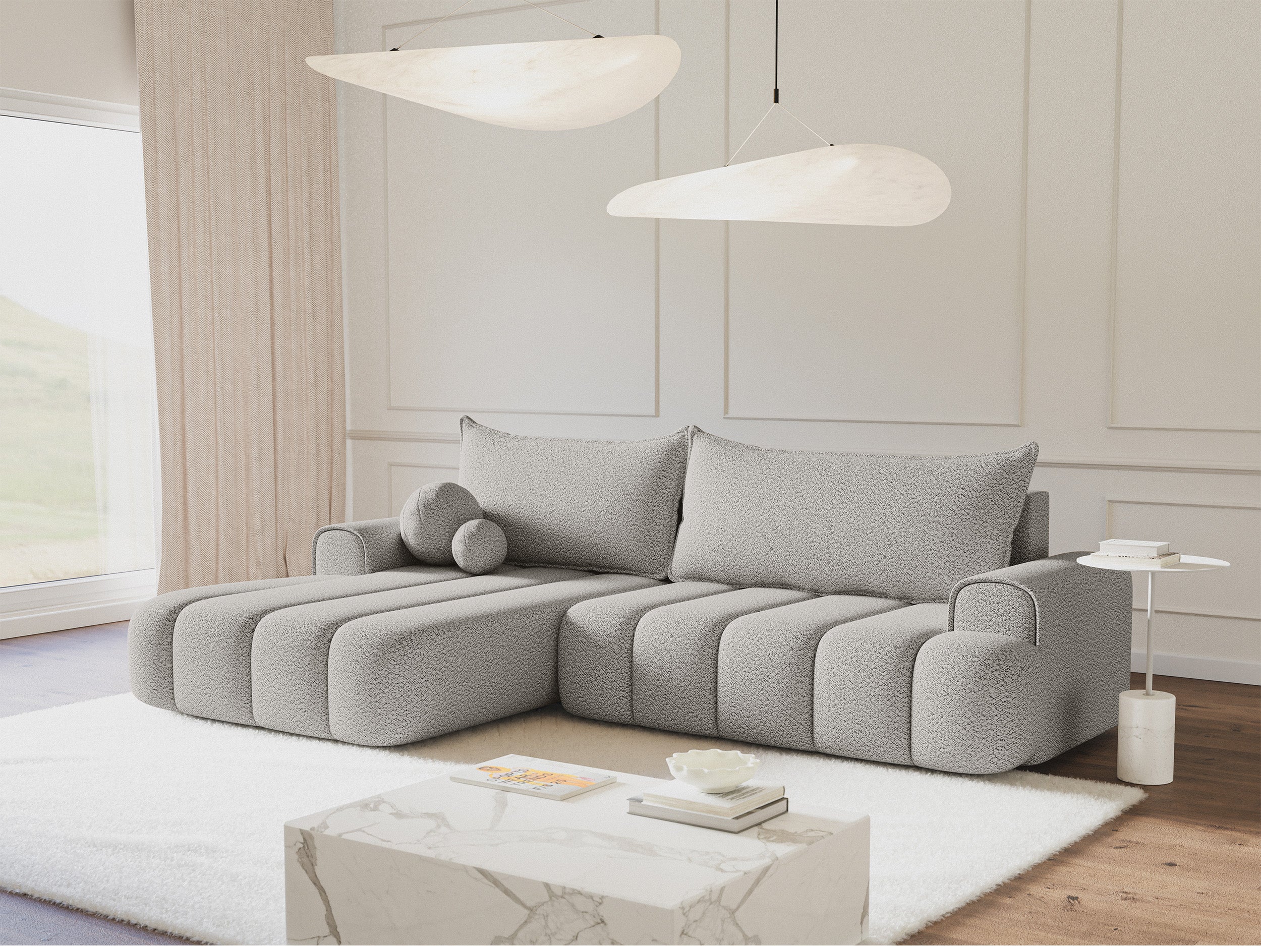 Ecksofa mit Schlaffunktion Dandelino, L-förmig, linksseitig, mit Stauraum, hellgrauer Bouclé-Stoff