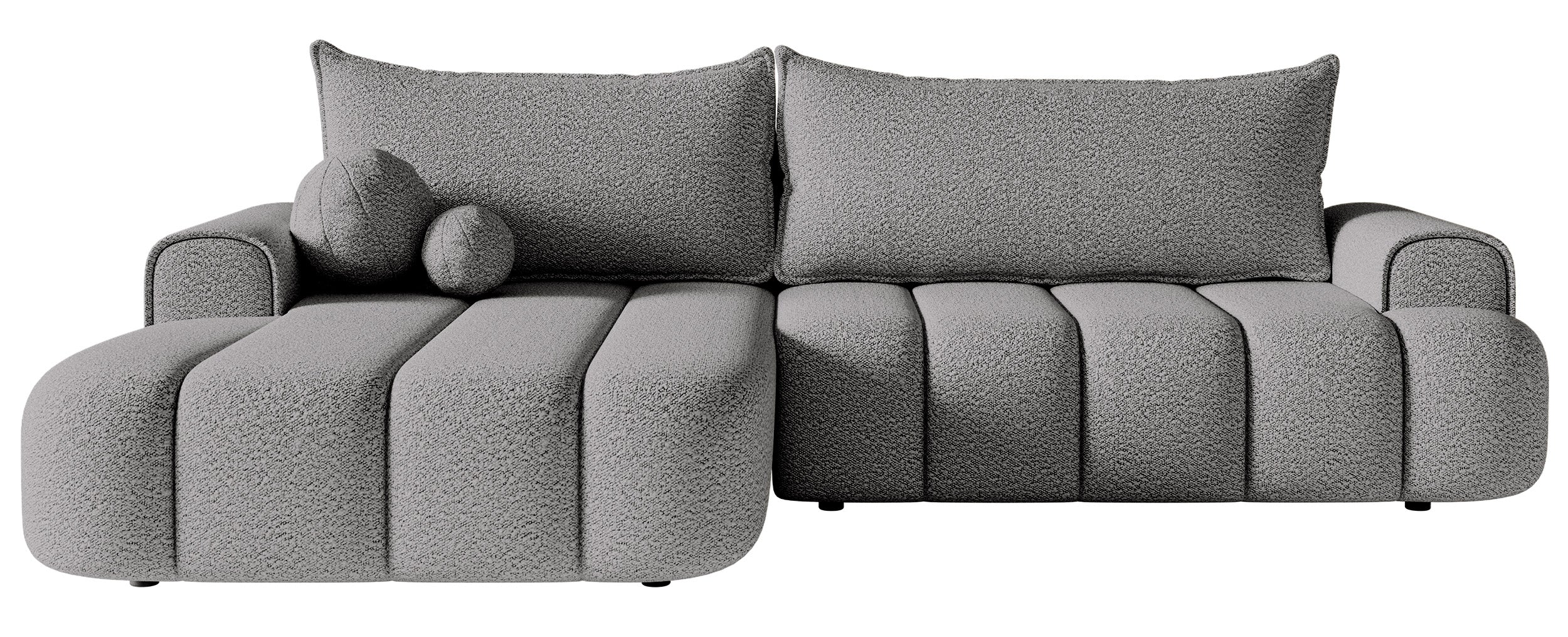 Ecksofa mit Schlaffunktion Dandelino, L-förmig, linksseitig, mit Stauraum, grauer Bouclé-Stoff