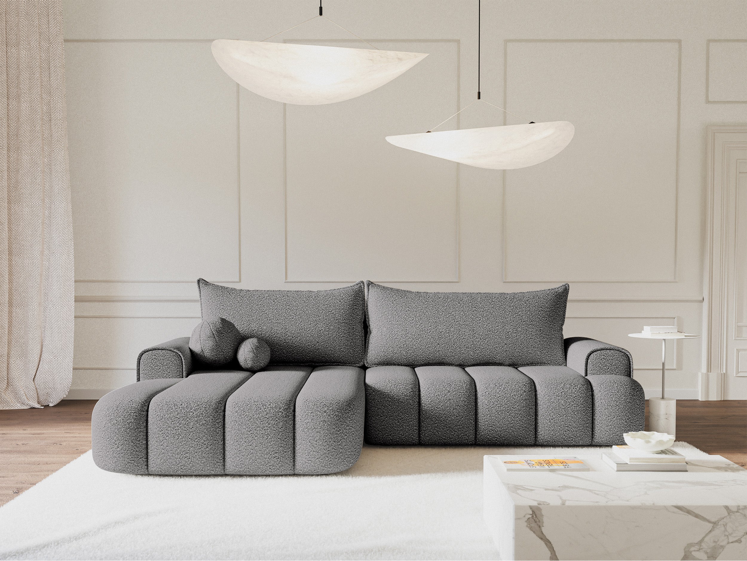Ecksofa mit Schlaffunktion Dandelino, L-förmig, linksseitig, mit Stauraum, grauer Bouclé-Stoff