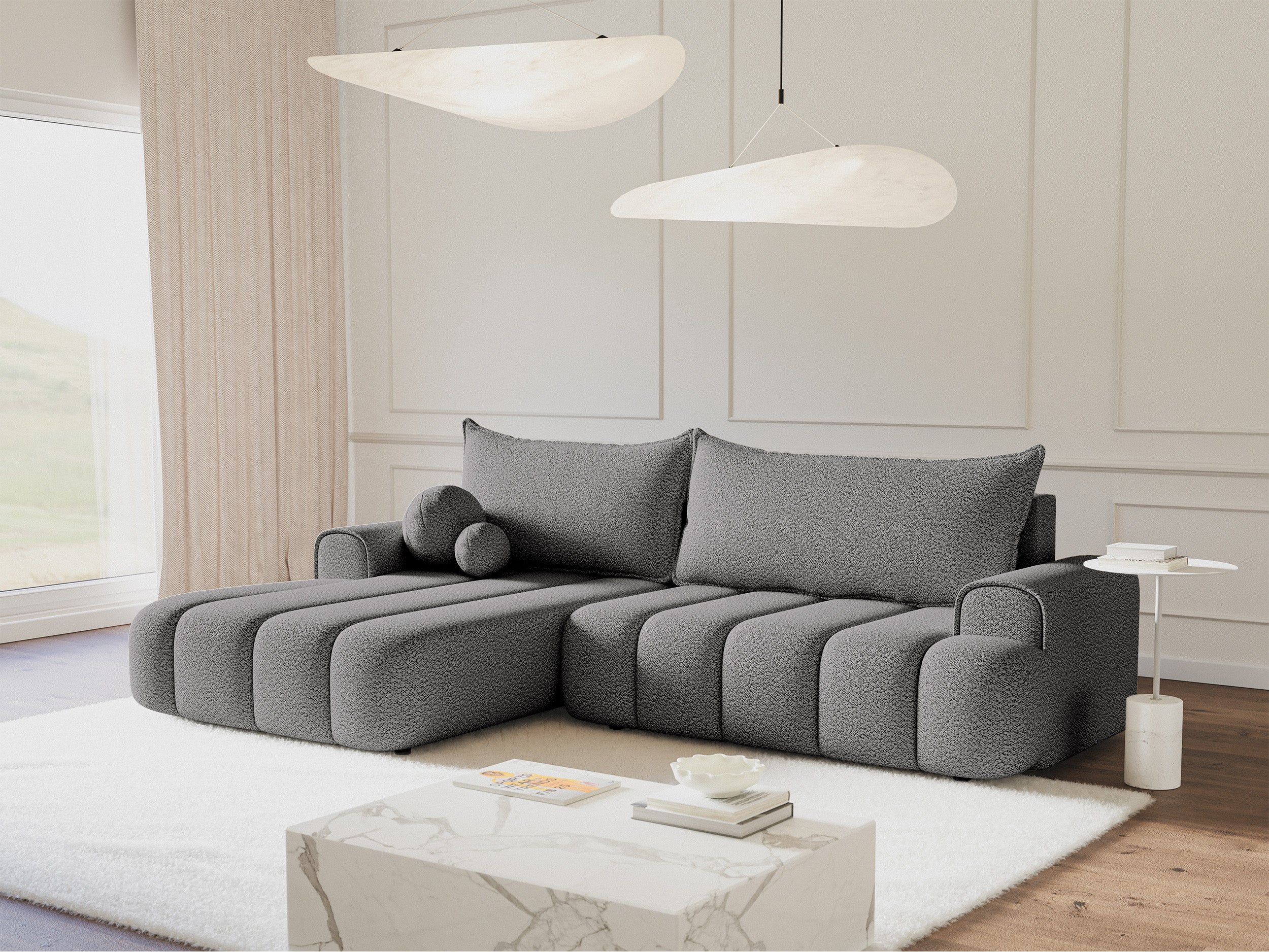Ecksofa mit Schlaffunktion Dandelino, L-förmig, linksseitig, mit Stauraum, grauer Bouclé-Stoff