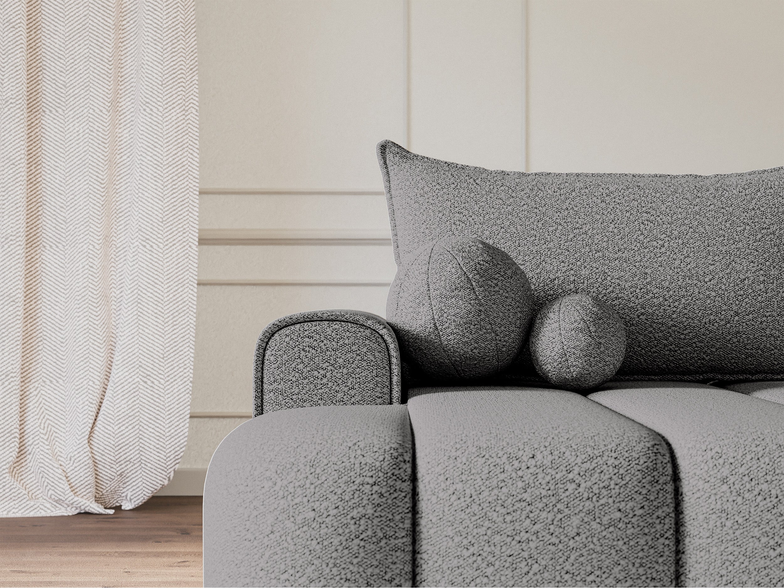 Ecksofa mit Schlaffunktion Dandelino, L-förmig, linksseitig, mit Stauraum, grauer Bouclé-Stoff