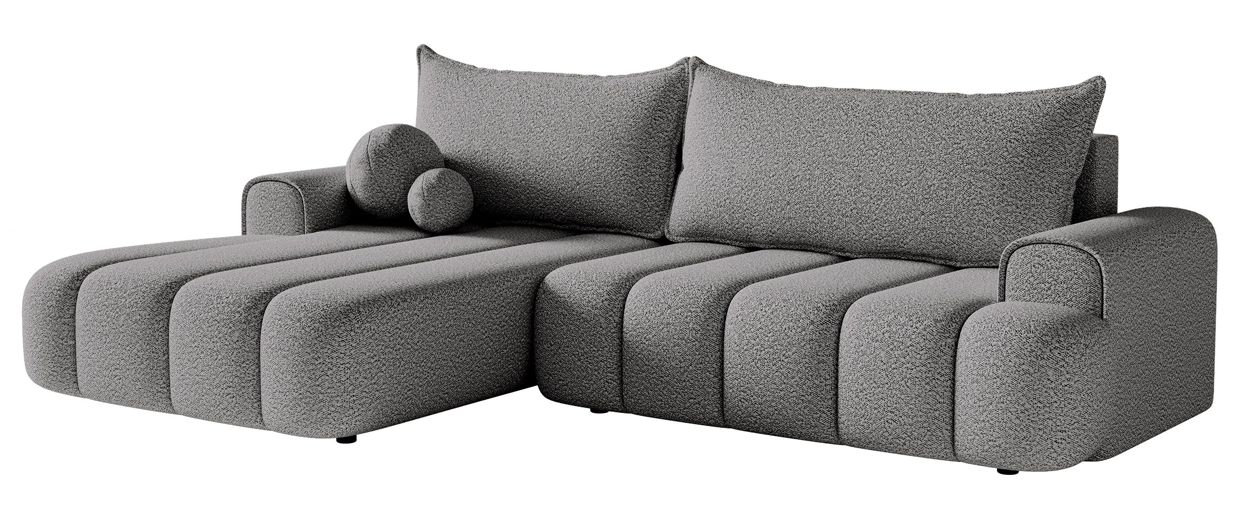 Ecksofa mit Schlaffunktion Dandelino, L-förmig, linksseitig, mit Stauraum, grauer Bouclé-Stoff