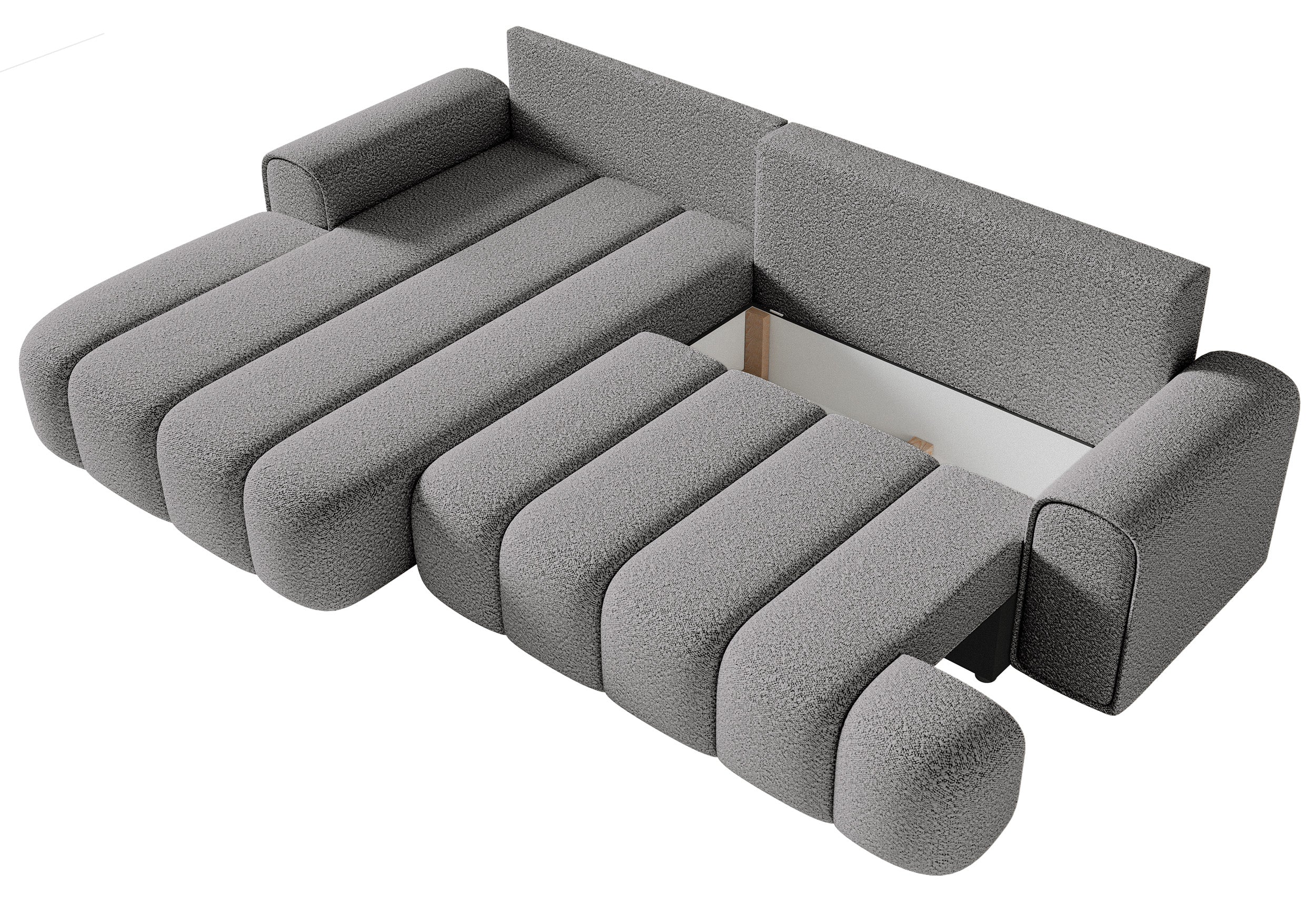 Ecksofa mit Schlaffunktion Dandelino, L-förmig, linksseitig, mit Stauraum, grauer Bouclé-Stoff