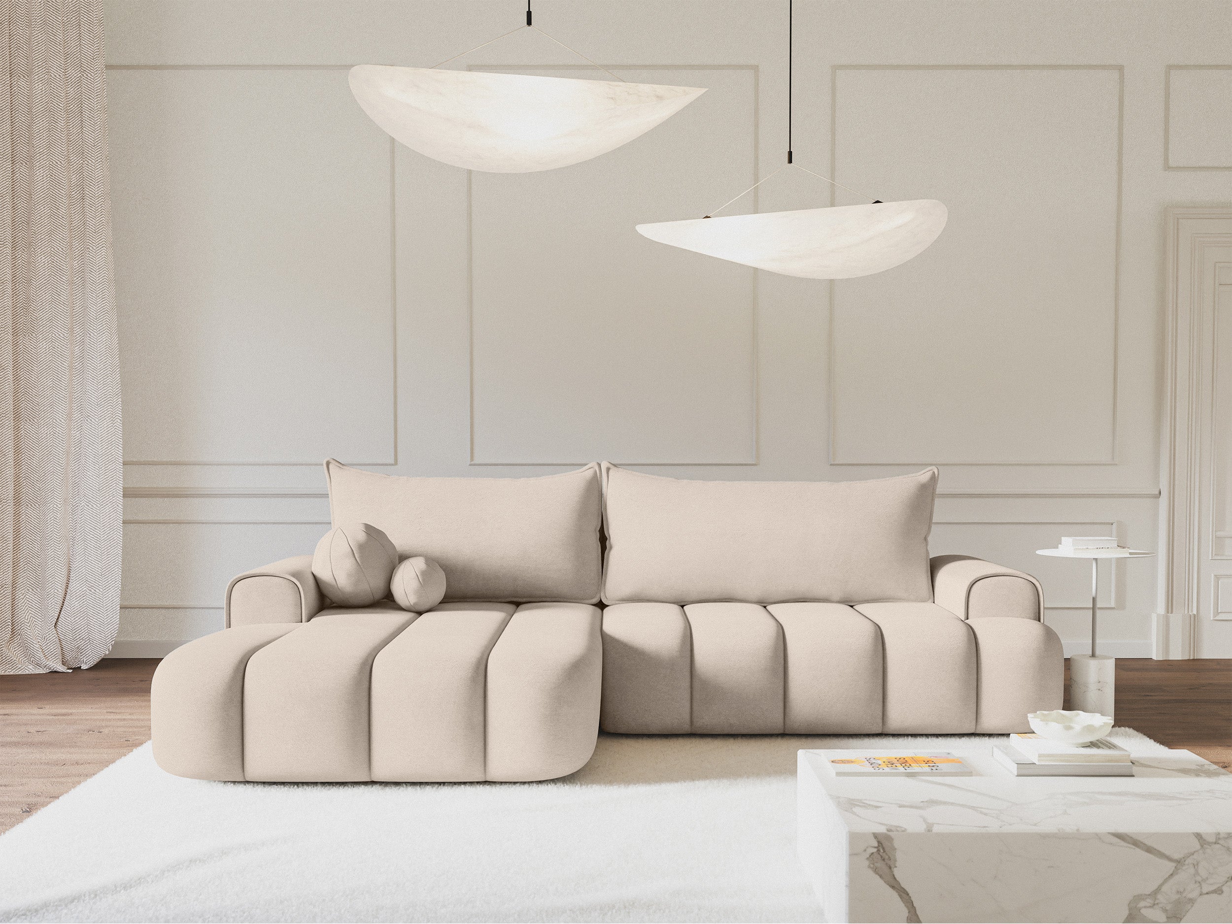 Ecksofa mit Schlaffunktion Dandelino, L-förmig, linksseitig, mit Stauraum, grau-beiger Samtbezug