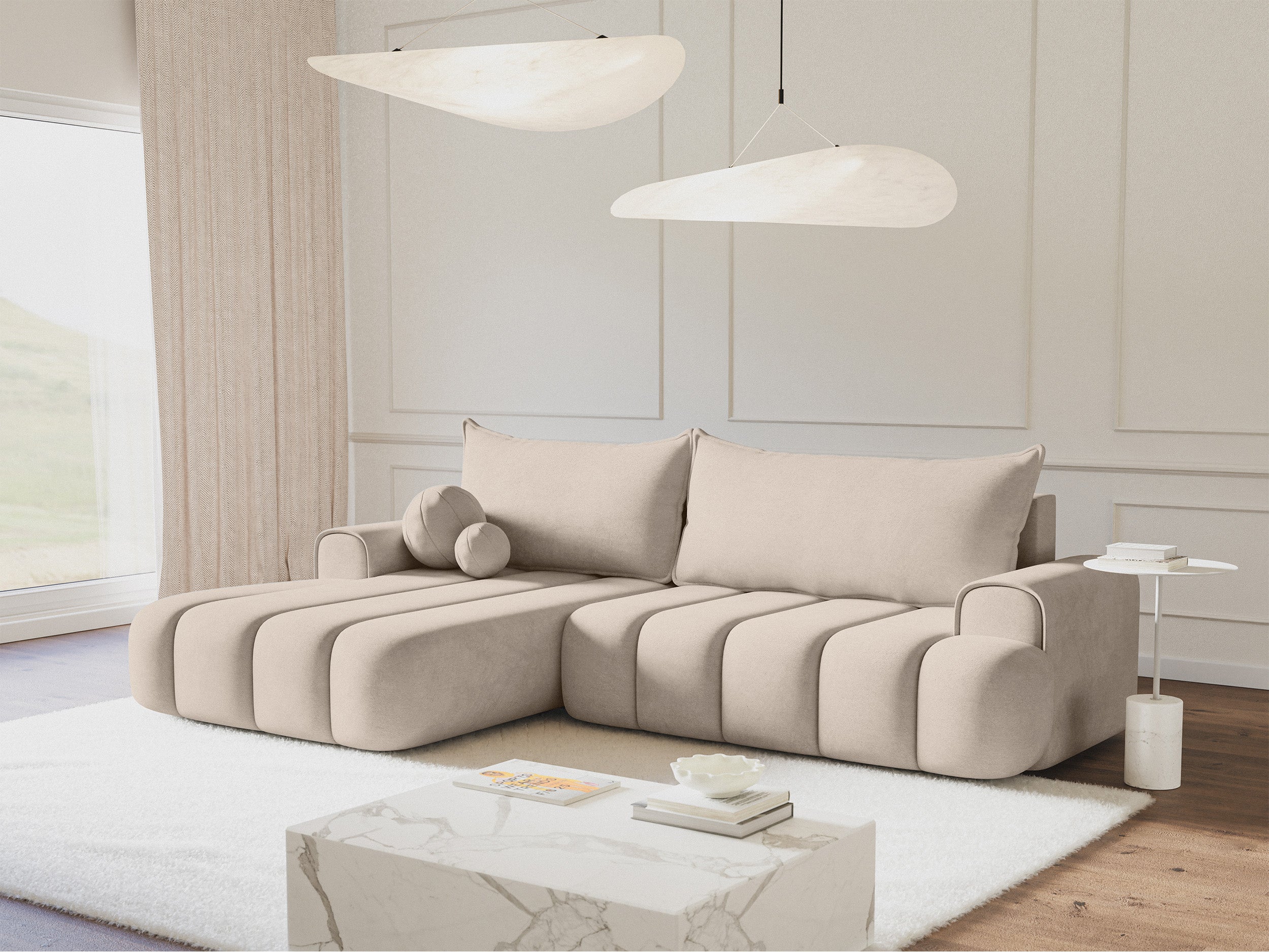 Ecksofa mit Schlaffunktion Dandelino, L-förmig, linksseitig, mit Stauraum, grau-beiger Samtbezug
