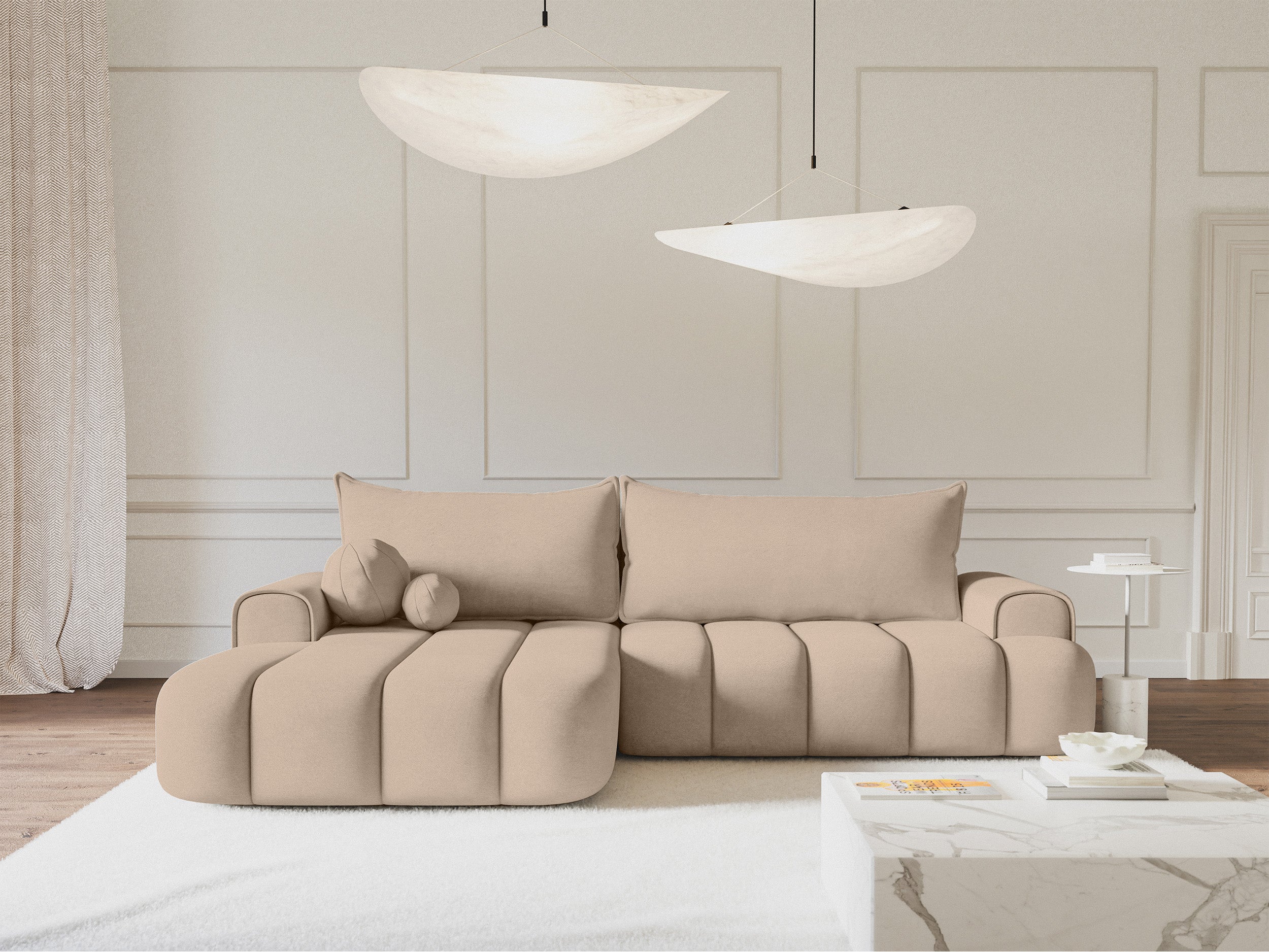 Ecksofa mit Schlaffunktion Dandelino, L-förmig, linksseitig, mit Stauraum, beige Samt
