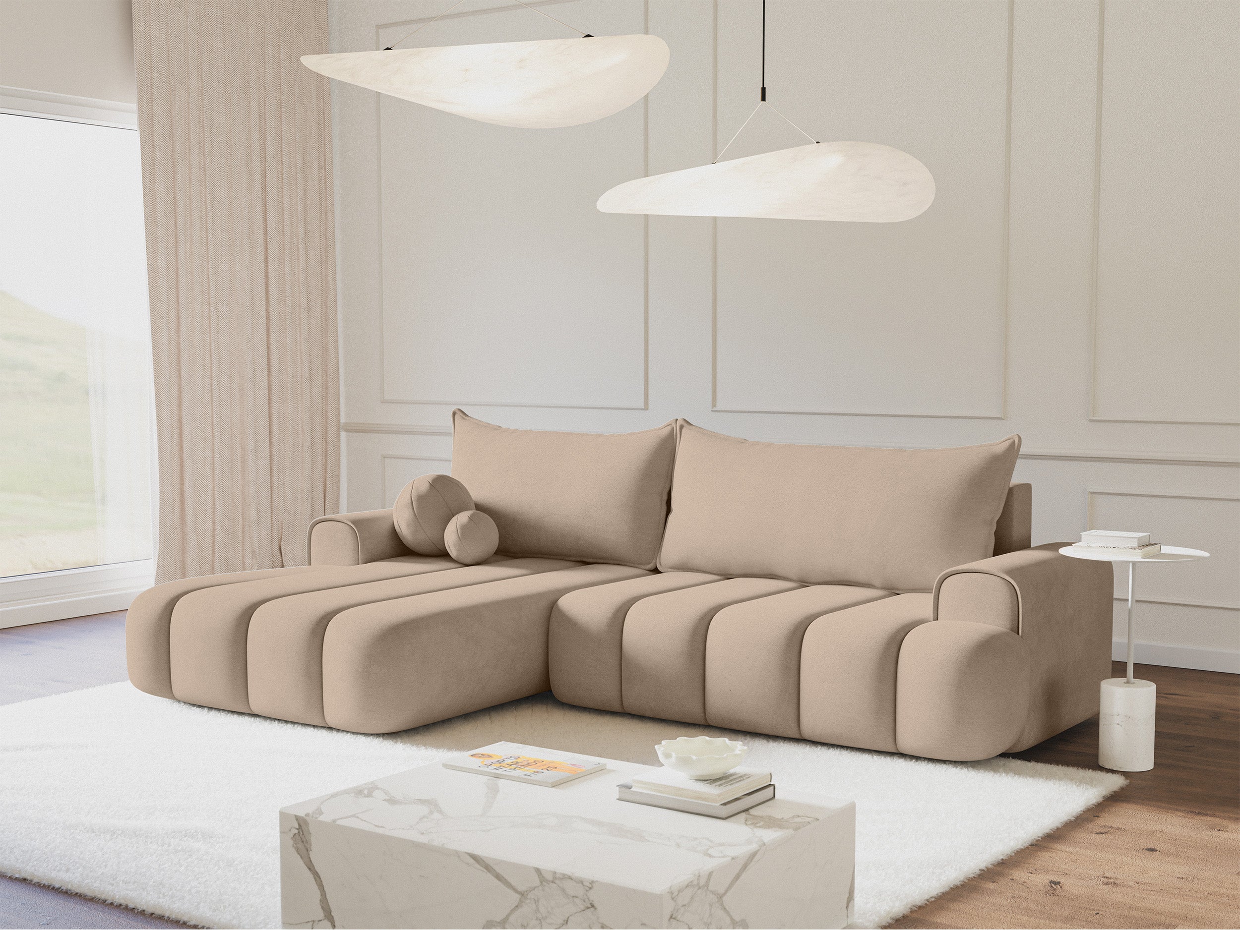 Ecksofa mit Schlaffunktion Dandelino, L-förmig, linksseitig, mit Stauraum, beige Samt