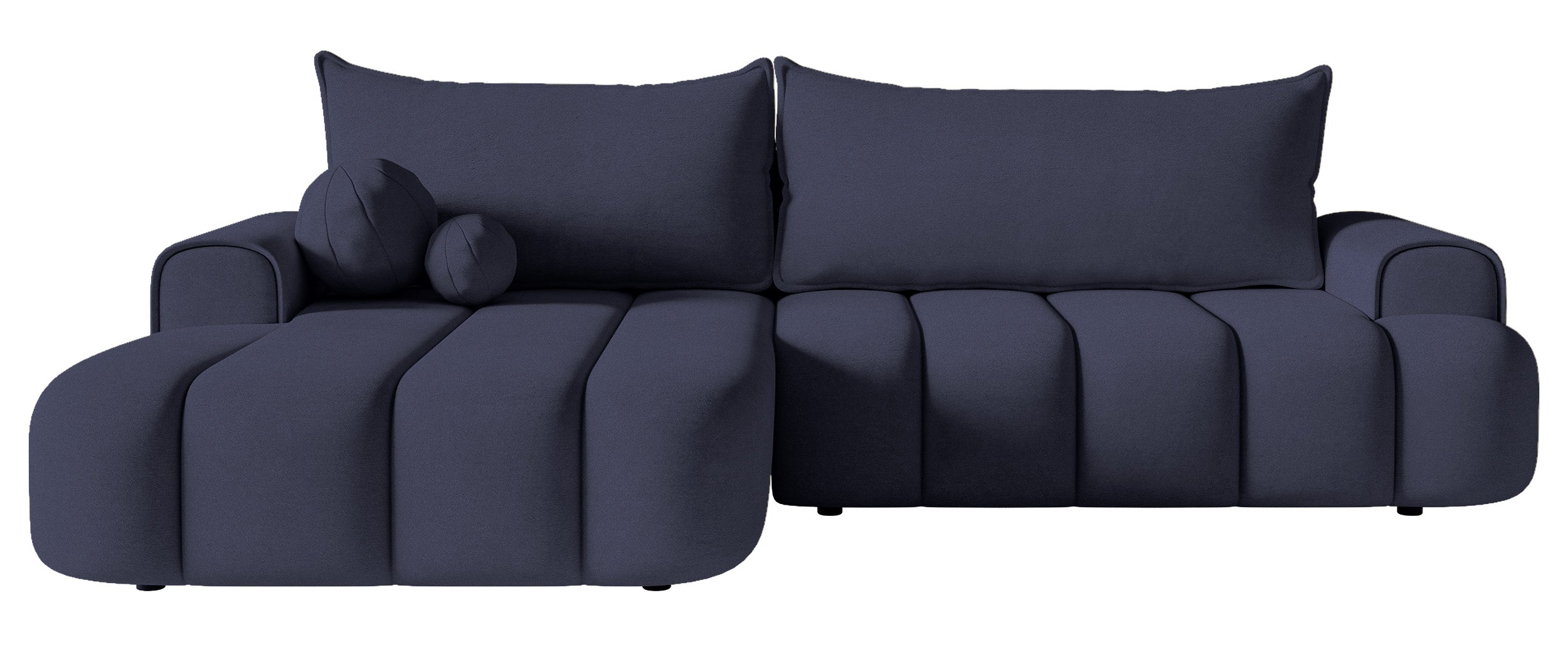 Ecksofa mit Schlaffunktion Dandelino, L-förmig, linksseitig, mit Stauraum, marineblauer Samt