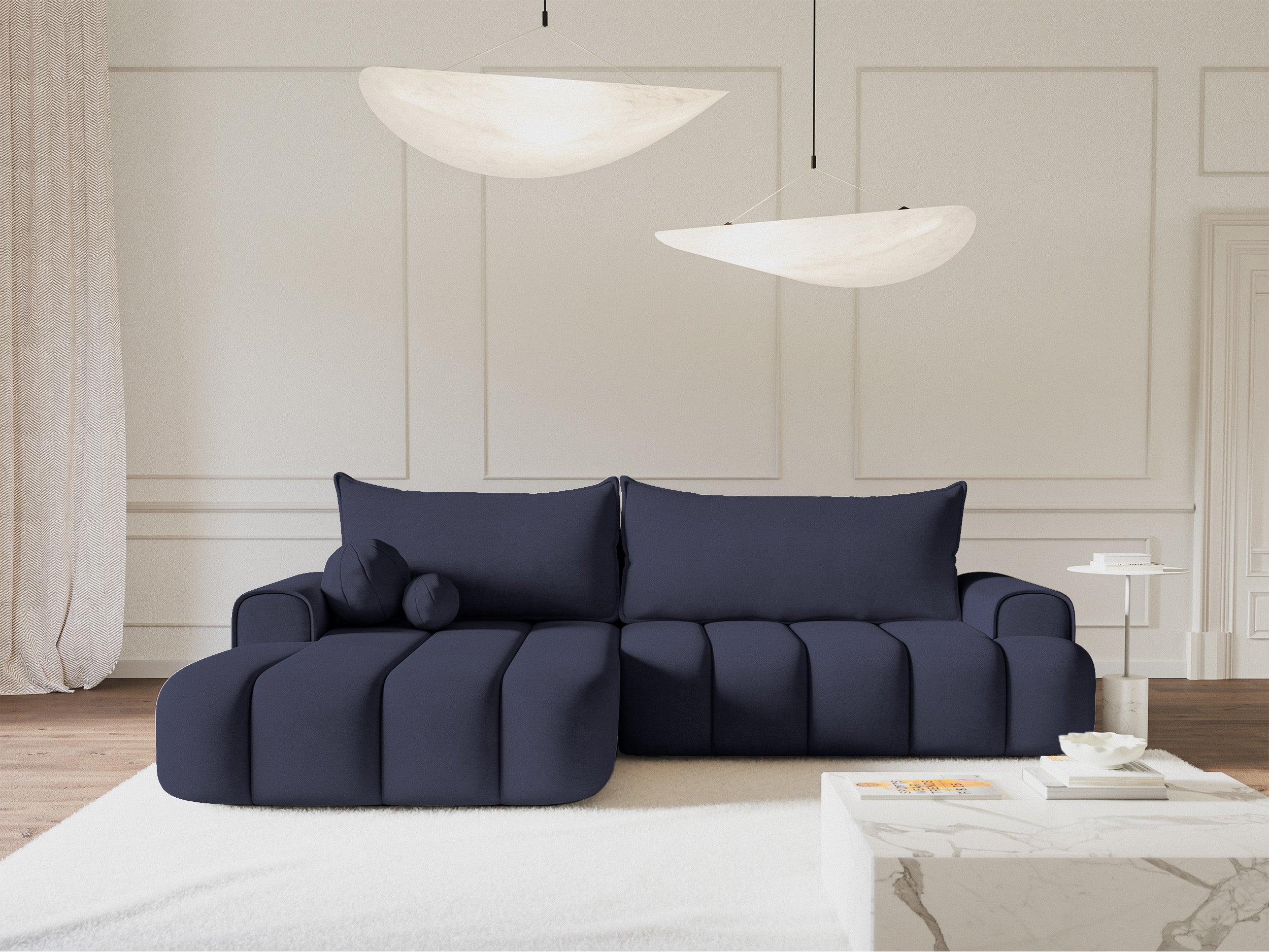Ecksofa mit Schlaffunktion Dandelino, L-förmig, linksseitig, mit Stauraum, marineblauer Samt