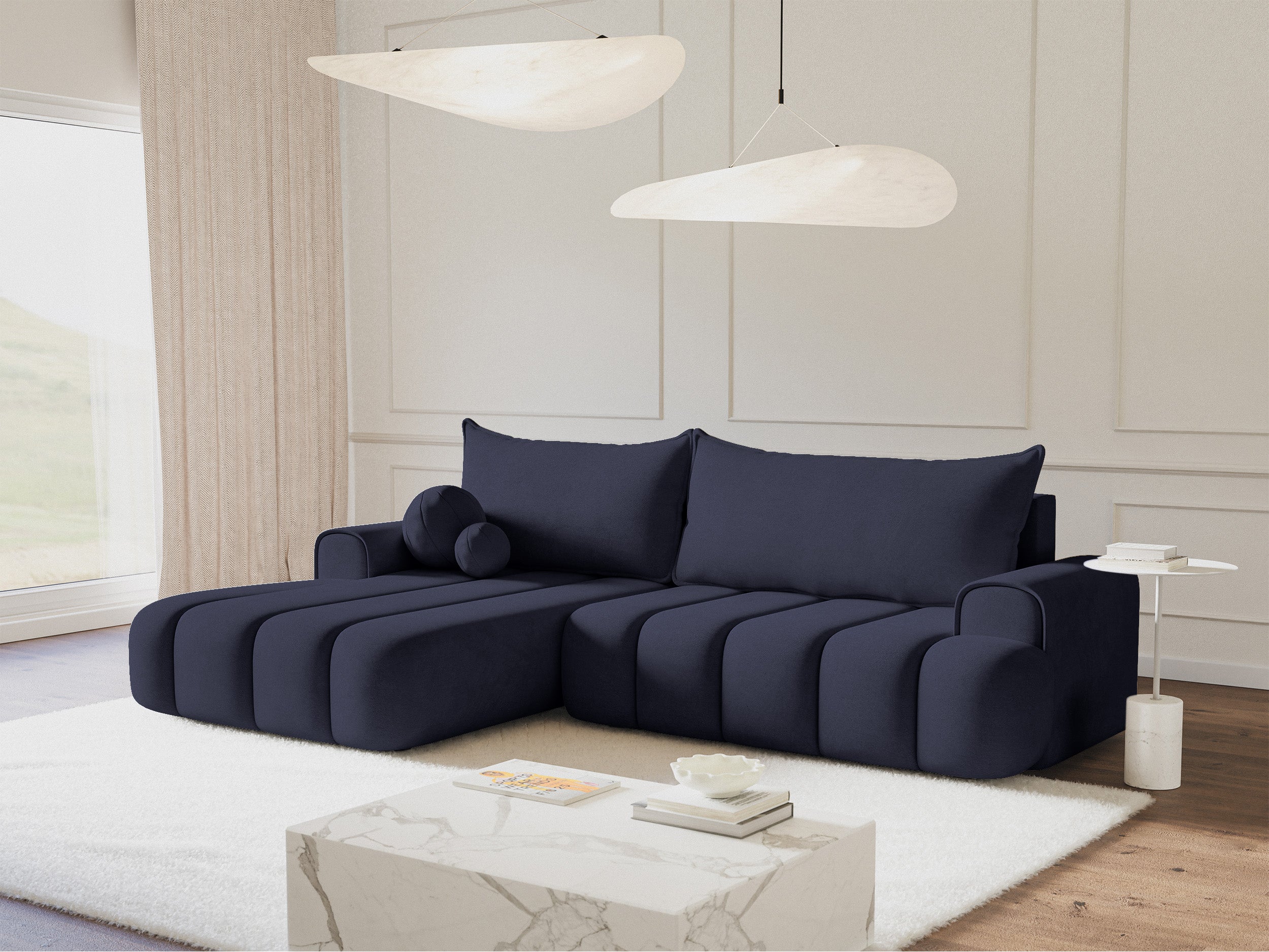 Ecksofa mit Schlaffunktion Dandelino, L-förmig, linksseitig, mit Stauraum, marineblauer Samt