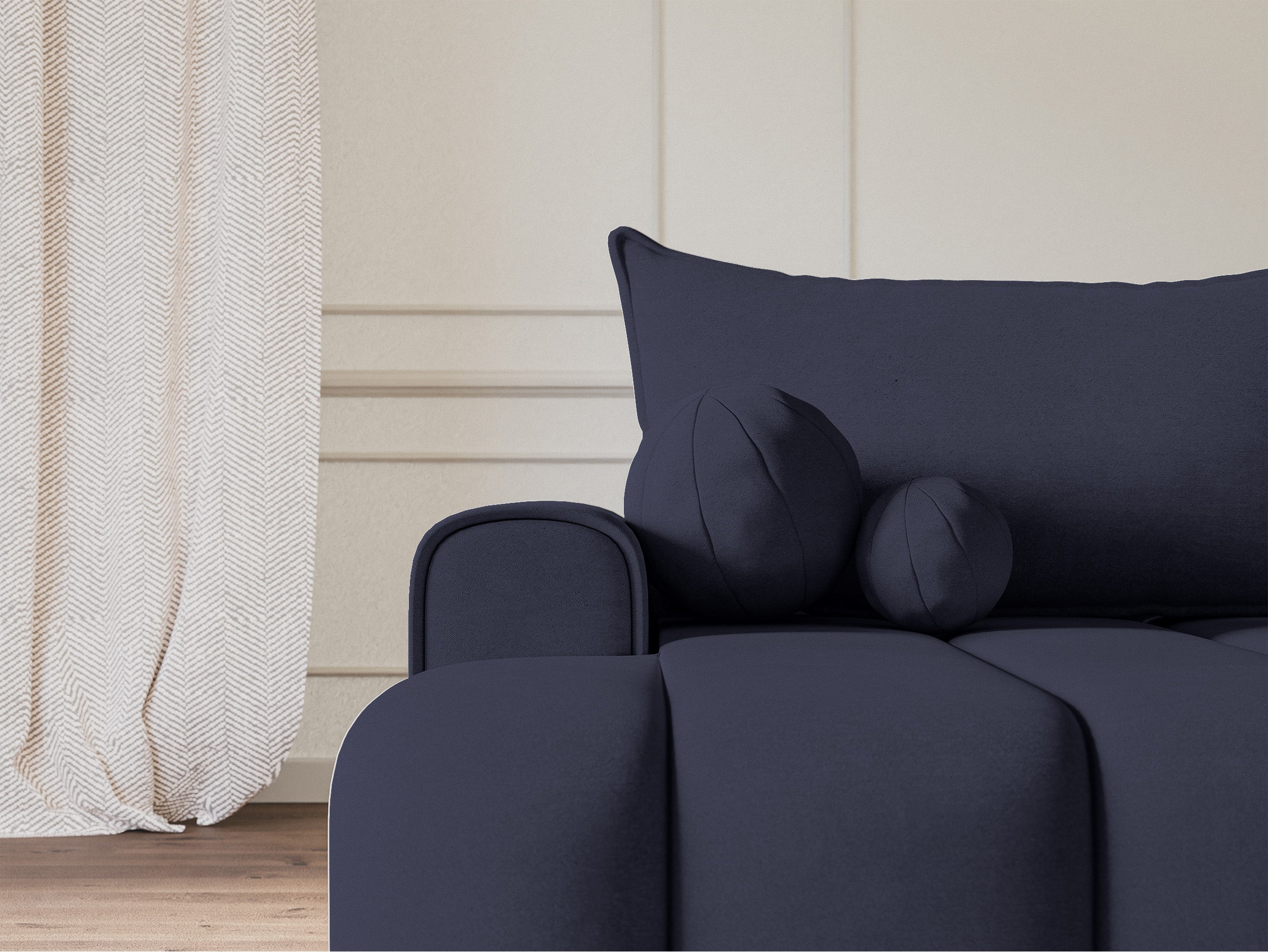 Ecksofa mit Schlaffunktion Dandelino, L-förmig, linksseitig, mit Stauraum, marineblauer Samt