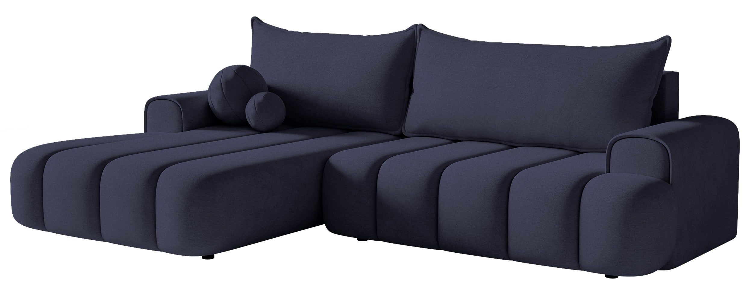 Ecksofa mit Schlaffunktion Dandelino, L-förmig, linksseitig, mit Stauraum, marineblauer Samt