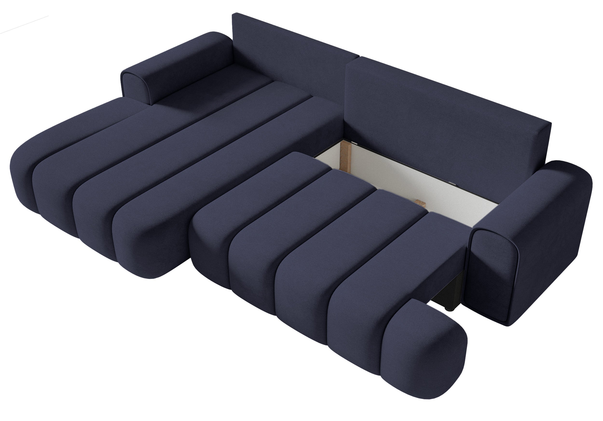 Ecksofa mit Schlaffunktion Dandelino, L-förmig, linksseitig, mit Stauraum, marineblauer Samt