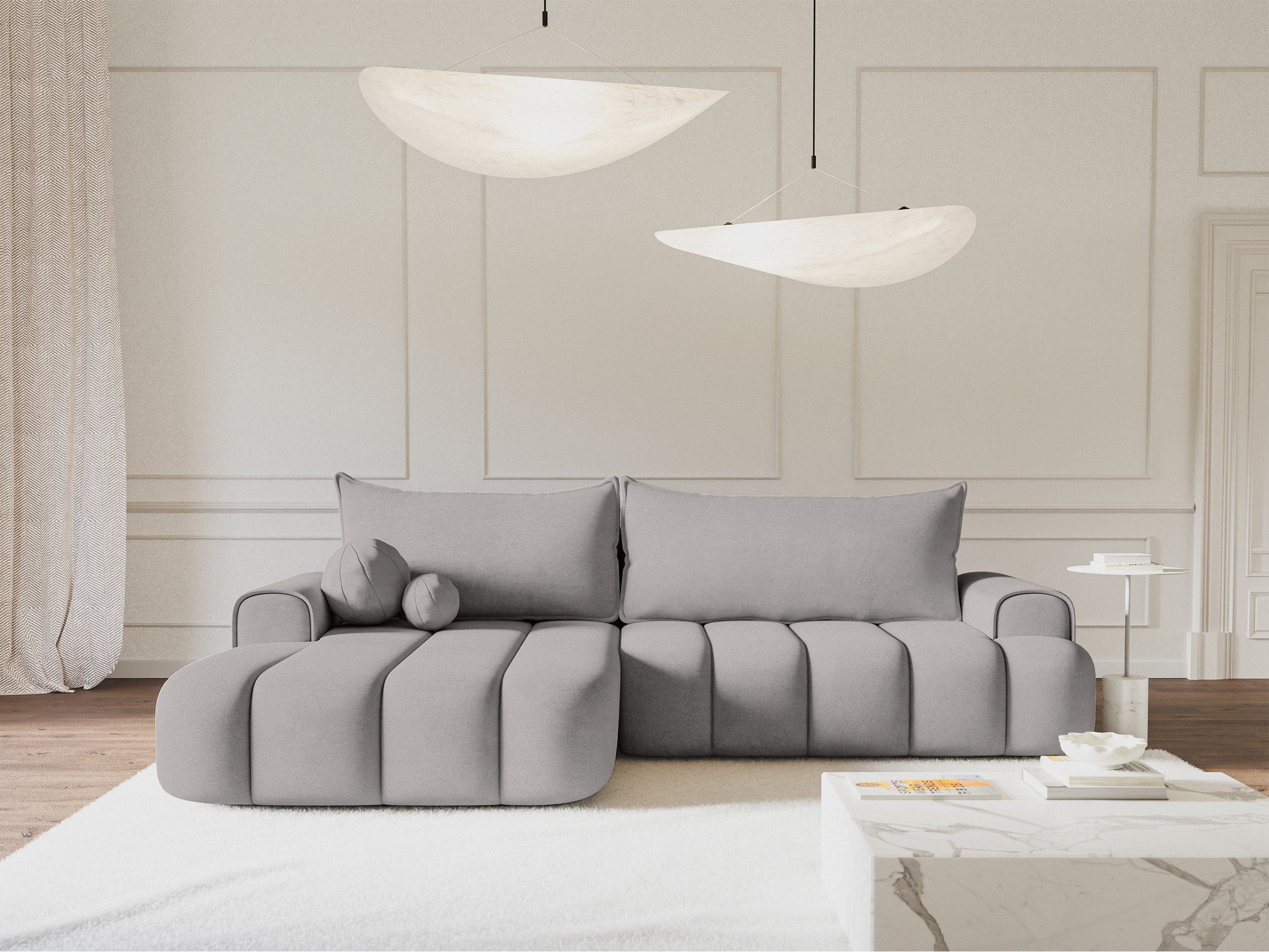 Ecksofa mit Schlaffunktion Dandelino, L-förmig, linksseitig, mit Stauraum, grauer Samt