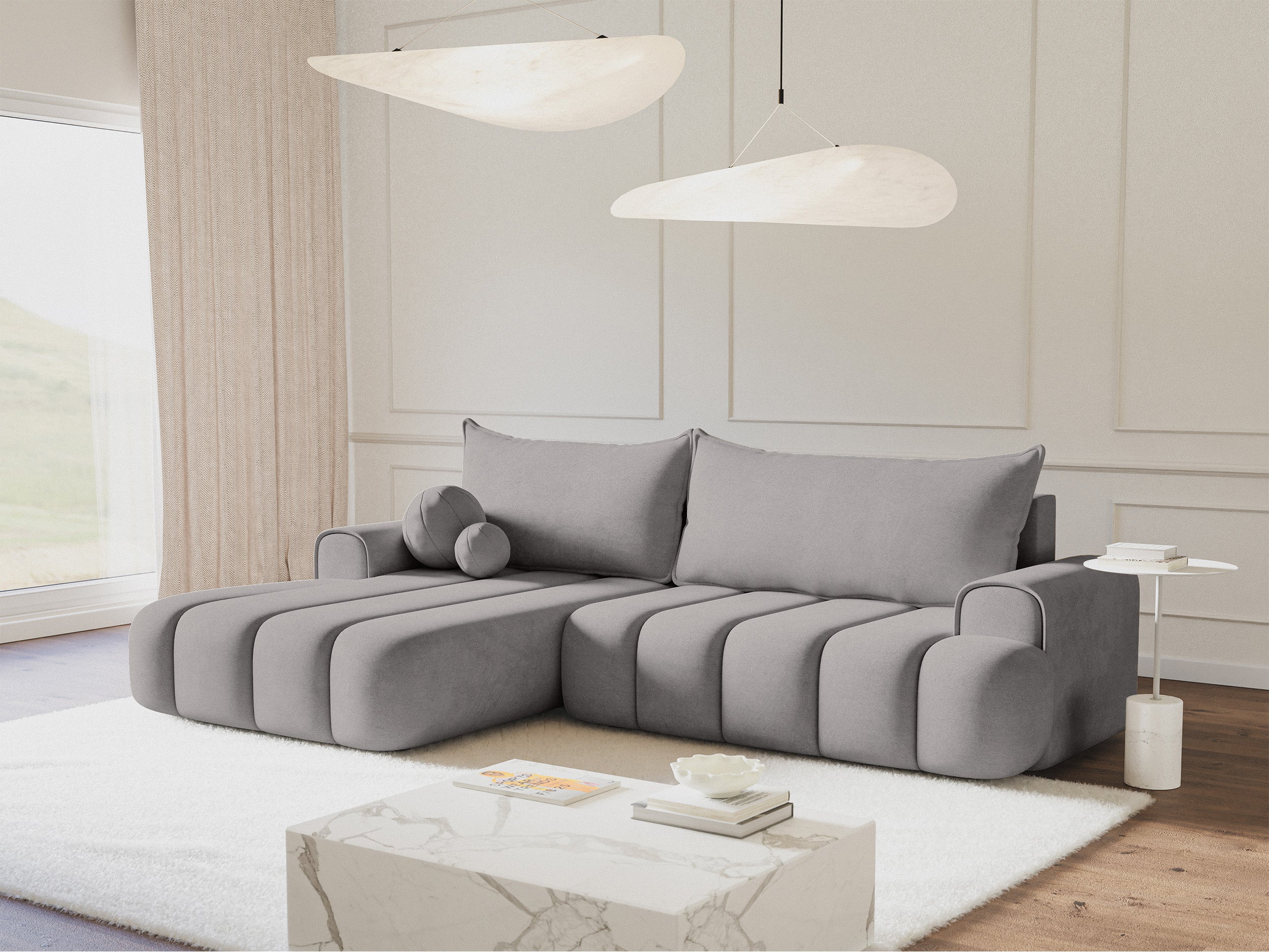 Ecksofa mit Schlaffunktion Dandelino, L-förmig, linksseitig, mit Stauraum, grauer Samt