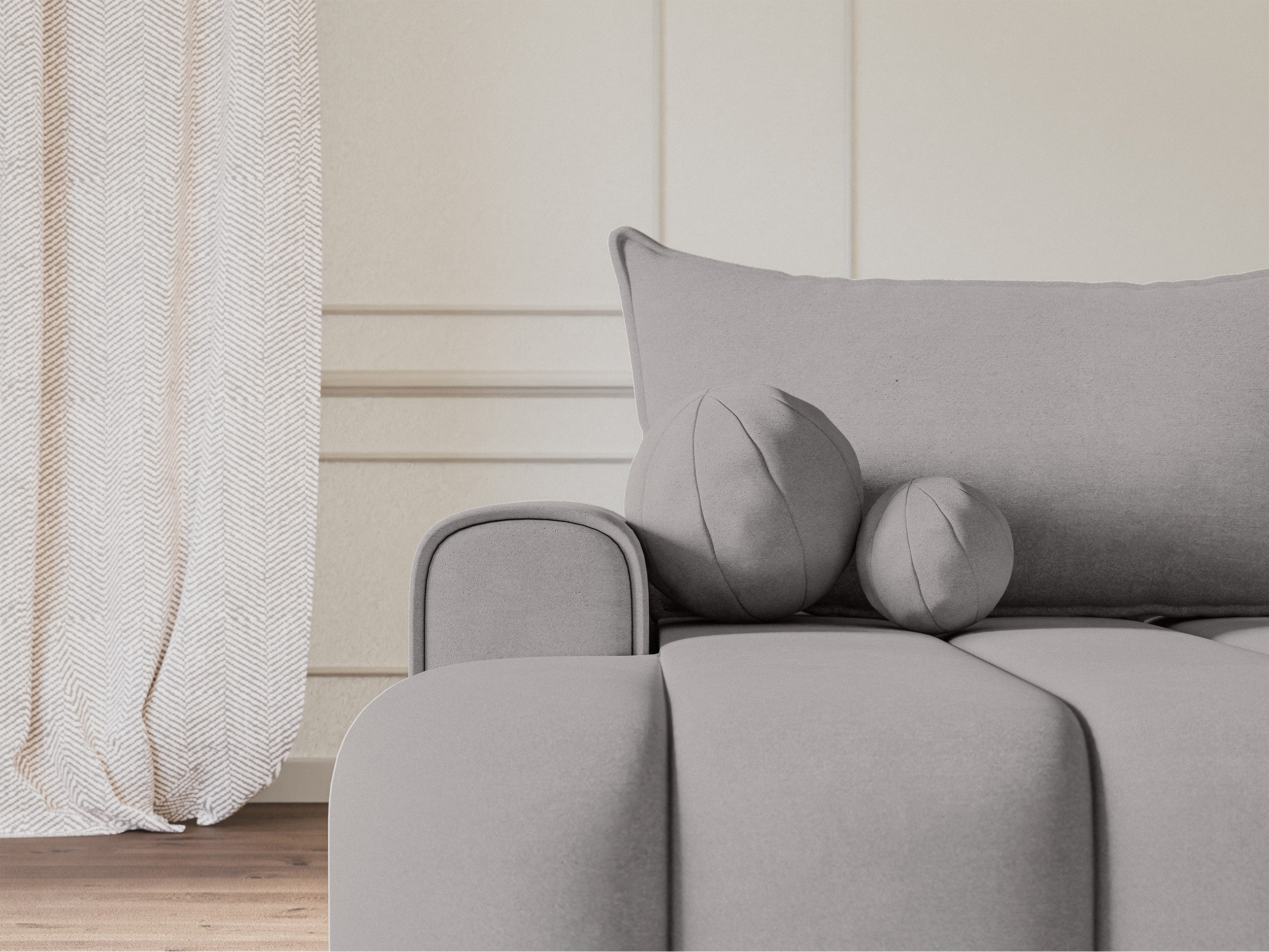 Ecksofa mit Schlaffunktion Dandelino, L-förmig, linksseitig, mit Stauraum, grauer Samt