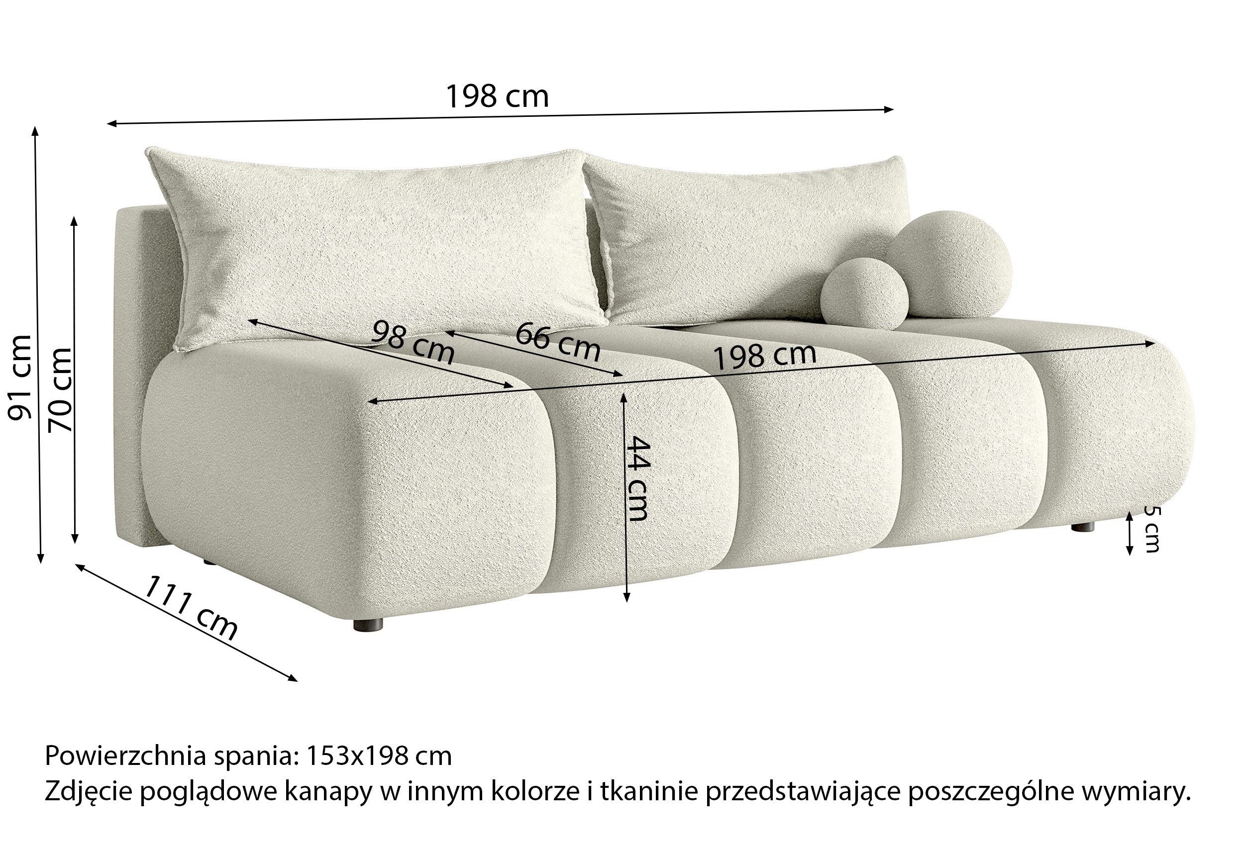Dreisitziges Sofa Dandelino Mini mit Schlafunktion in cremefarbenem Bouclé