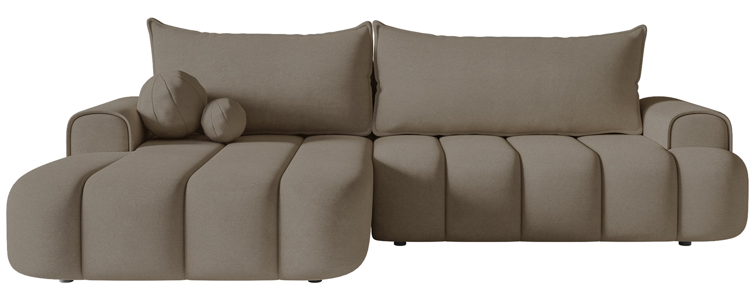Ecksofa mit Schlaffunktion Dandelino, L-förmig, linksseitig, mit Stauraum, dunkelbeiger Samt