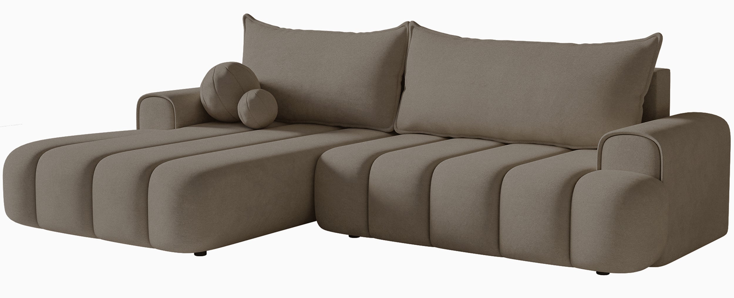 Ecksofa mit Schlaffunktion Dandelino, L-förmig, linksseitig, mit Stauraum, dunkelbeiger Samt