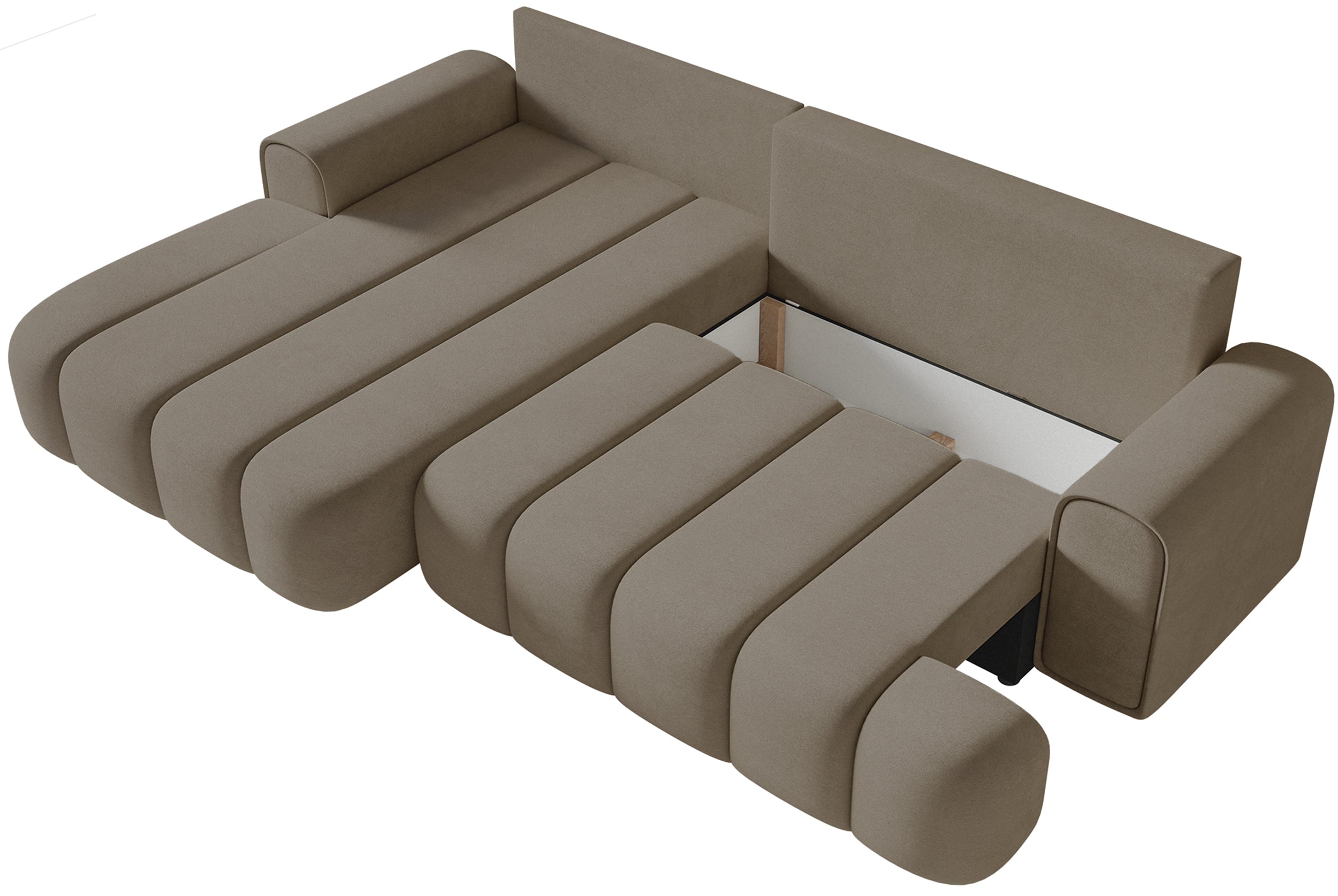 Ecksofa mit Schlaffunktion Dandelino, L-förmig, linksseitig, mit Stauraum, dunkelbeiger Samt