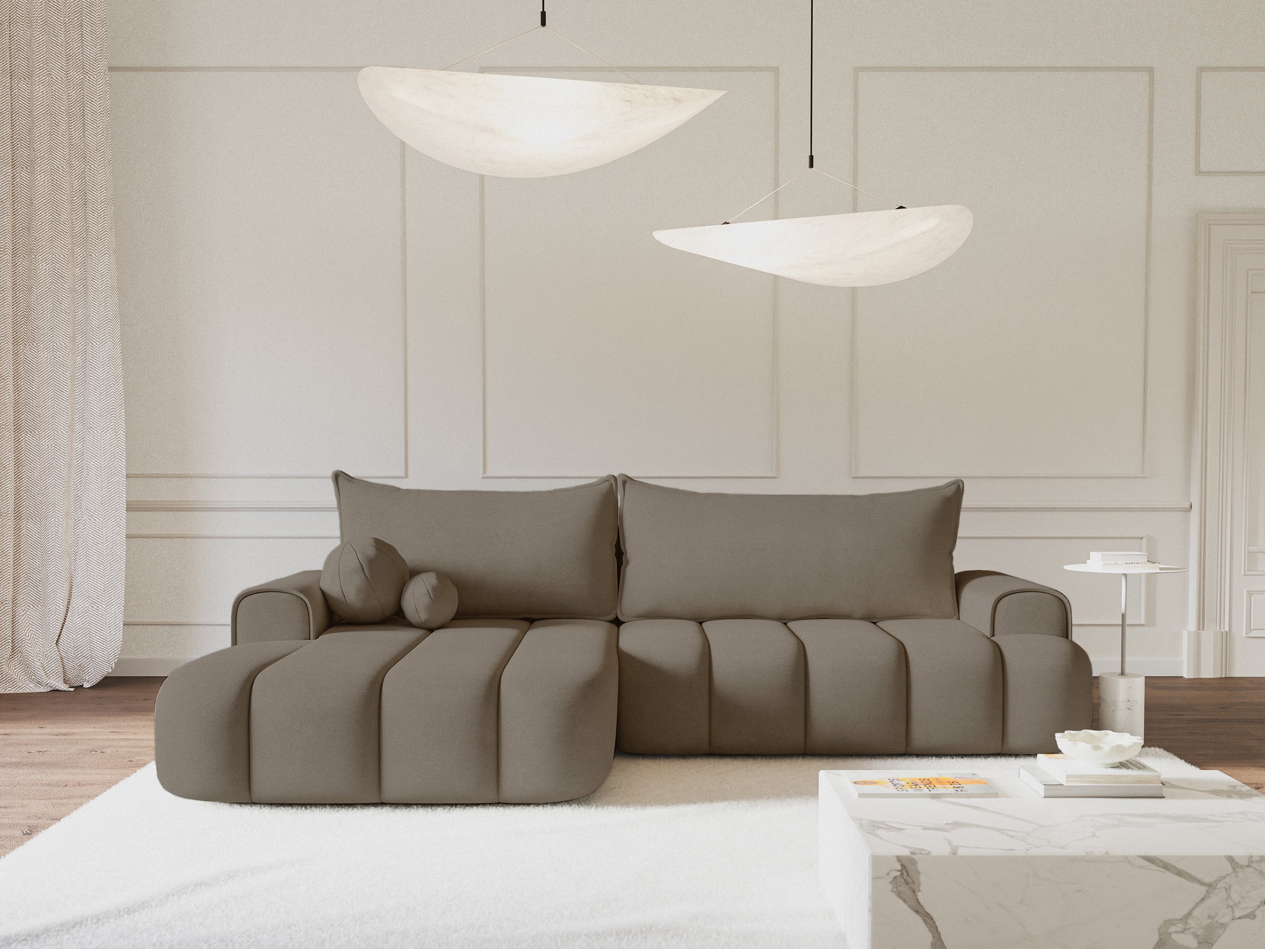 Ecksofa mit Schlaffunktion Dandelino, L-förmig, linksseitig, mit Stauraum, dunkelbeiger Samt