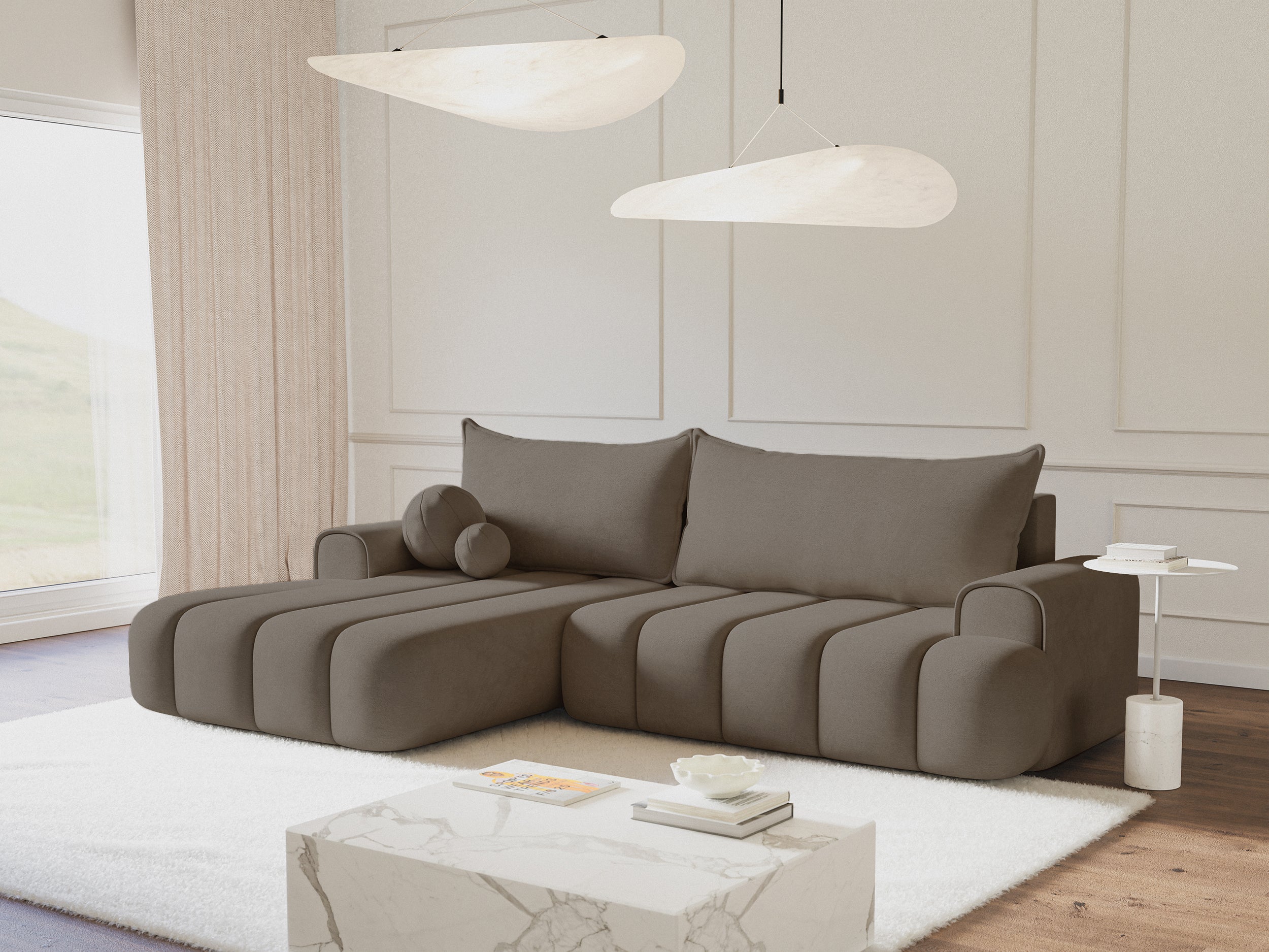 Ecksofa mit Schlaffunktion Dandelino, L-förmig, linksseitig, mit Stauraum, dunkelbeiger Samt