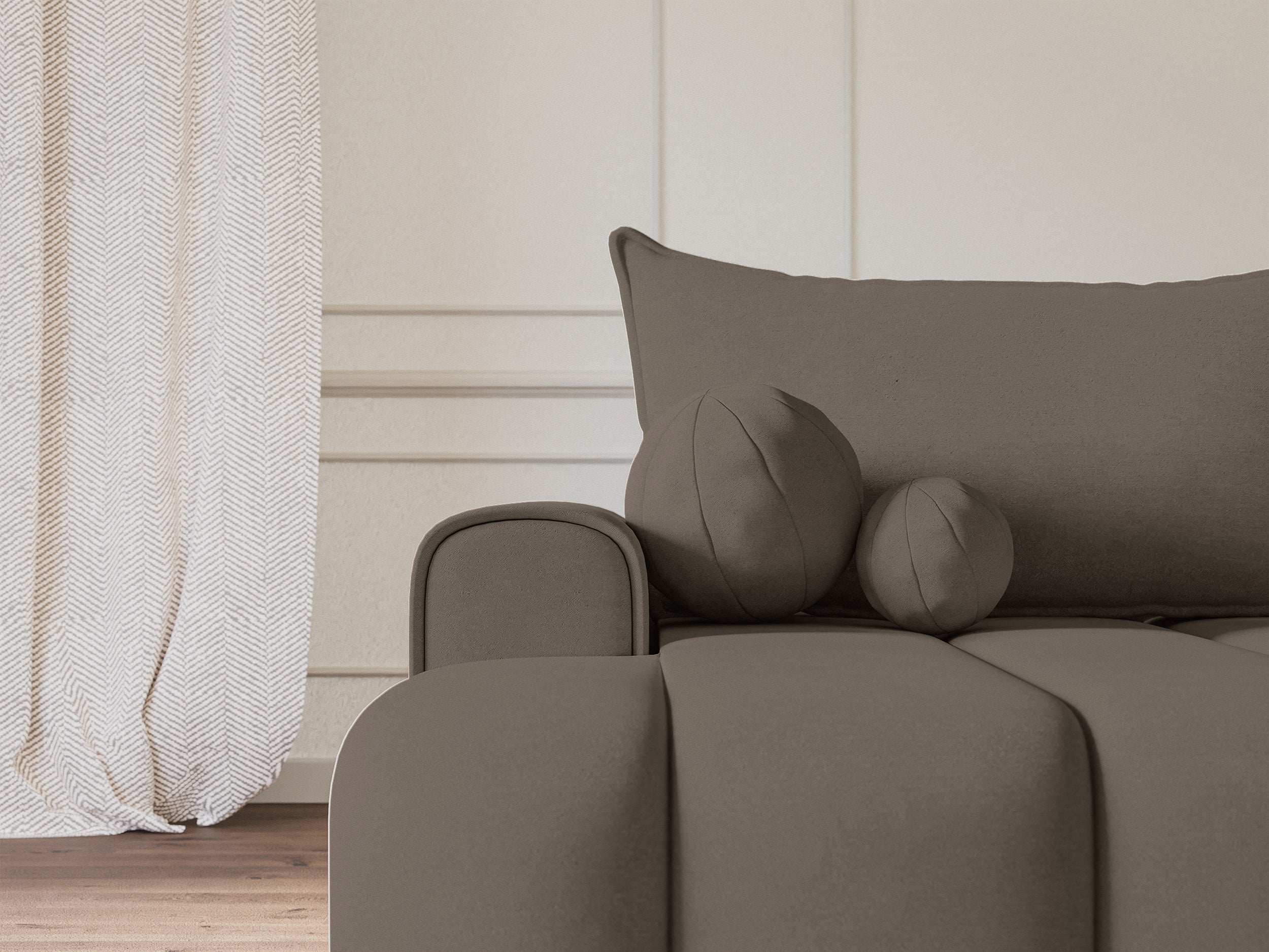 Ecksofa mit Schlaffunktion Dandelino, L-förmig, linksseitig, mit Stauraum, dunkelbeiger Samt