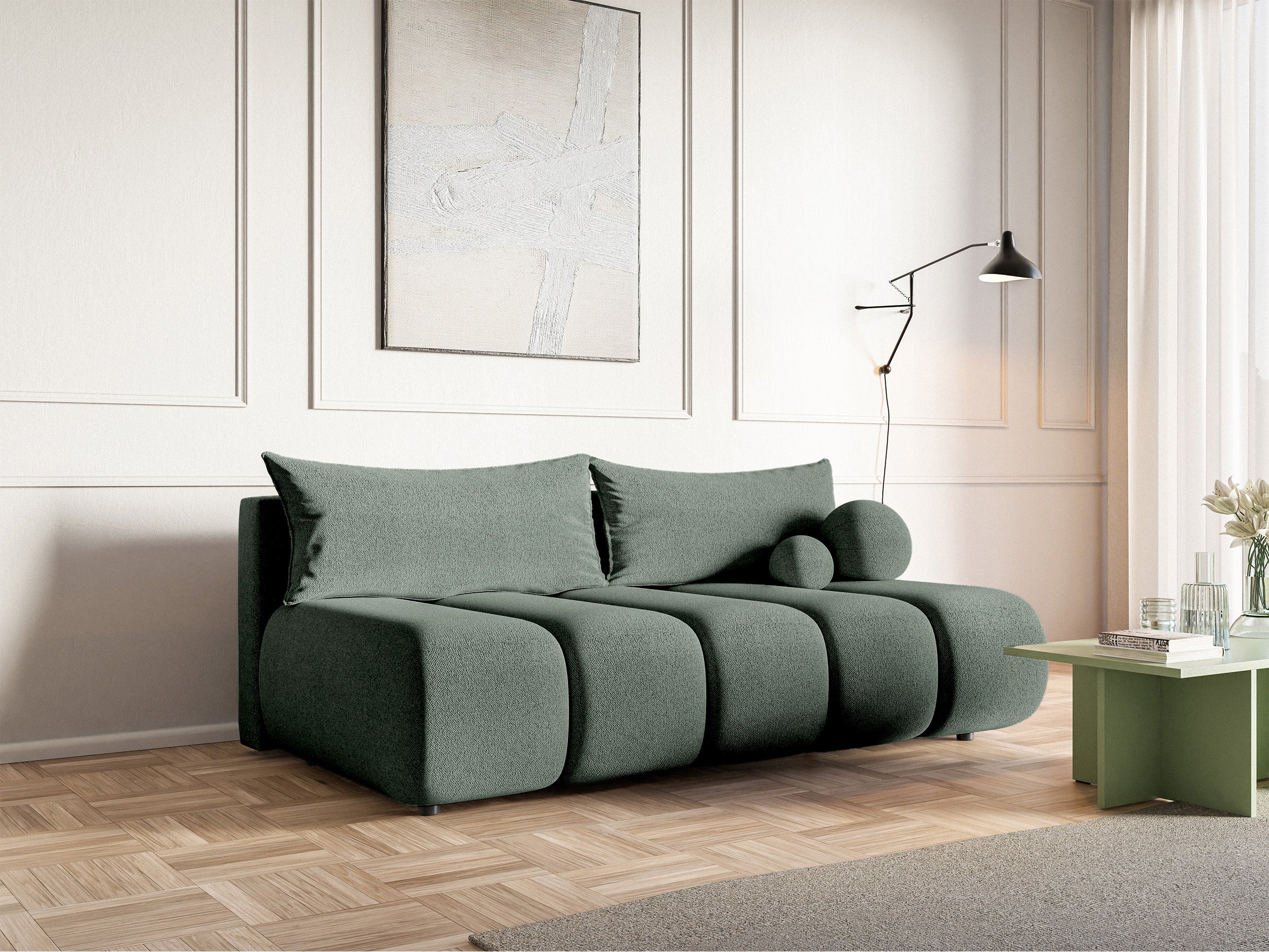 Dreisitziges Sofa Dandelino Mini mit Schlaffunktion in Salbeigrün Chenille