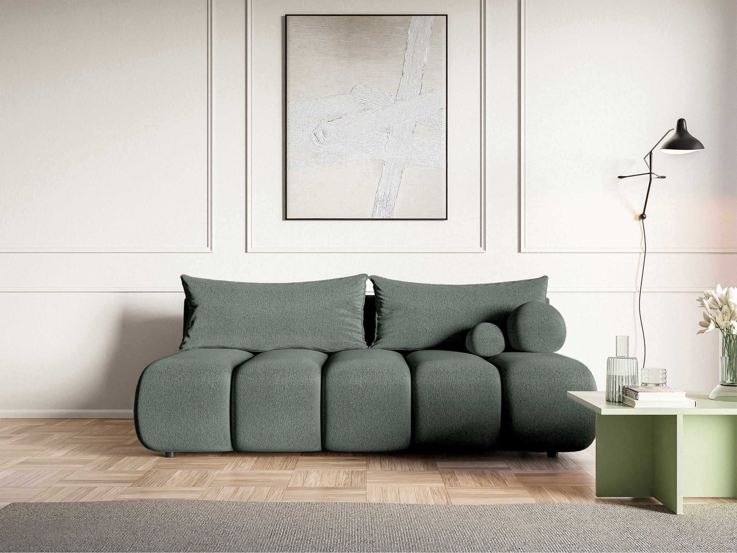 Dreisitziges Sofa Dandelino Mini mit Schlaffunktion in Salbeigrün Chenille