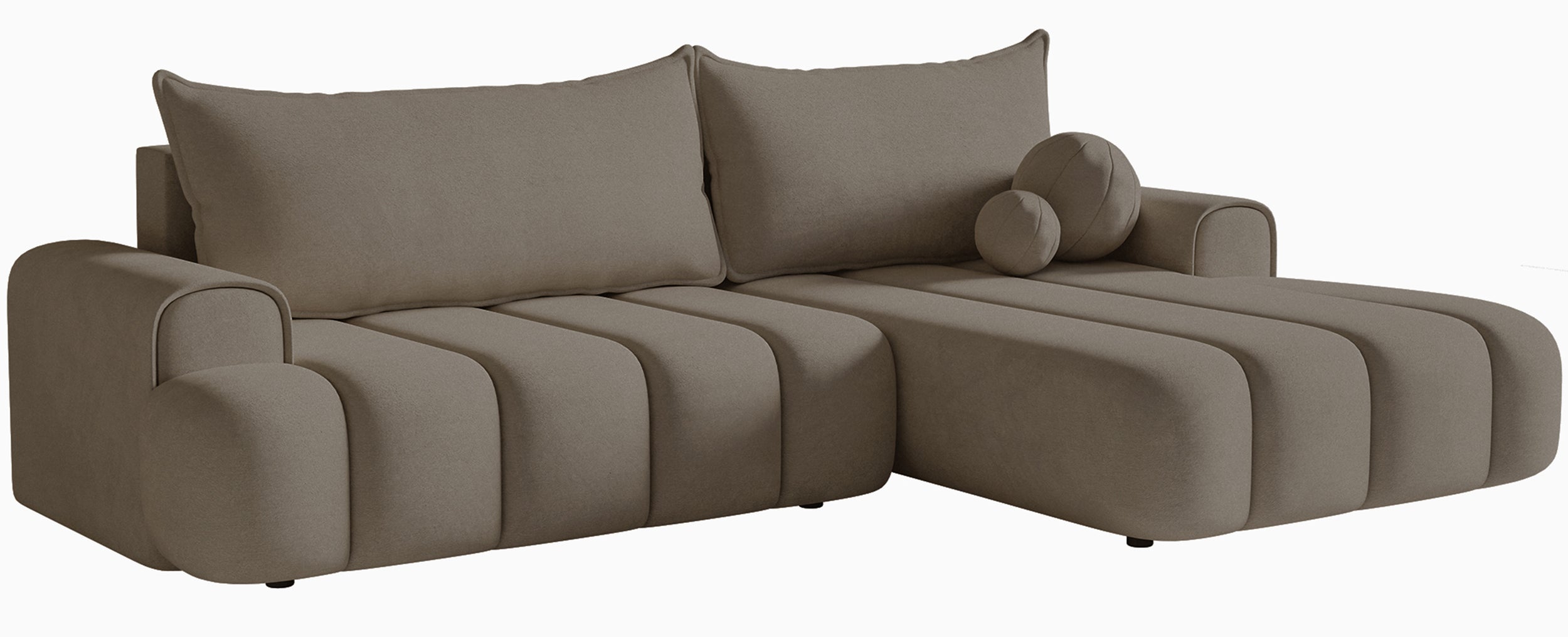 Ecksofa mit Schlaffunktion Dandelino, L-förmig, rechtsseitig, mit Stauraum, dunkelbeiges Samtvelours