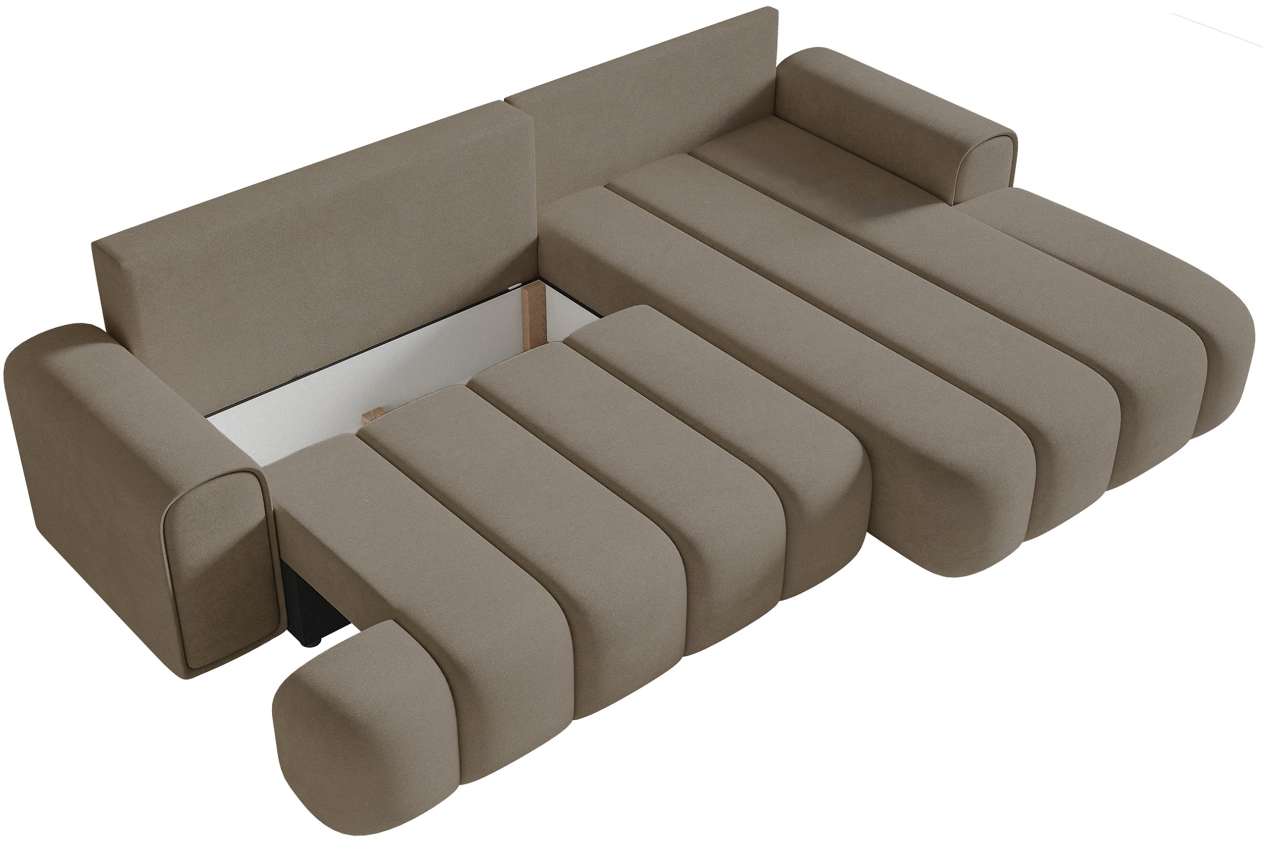 Ecksofa mit Schlaffunktion Dandelino, L-förmig, rechtsseitig, mit Stauraum, dunkelbeiges Samtvelours