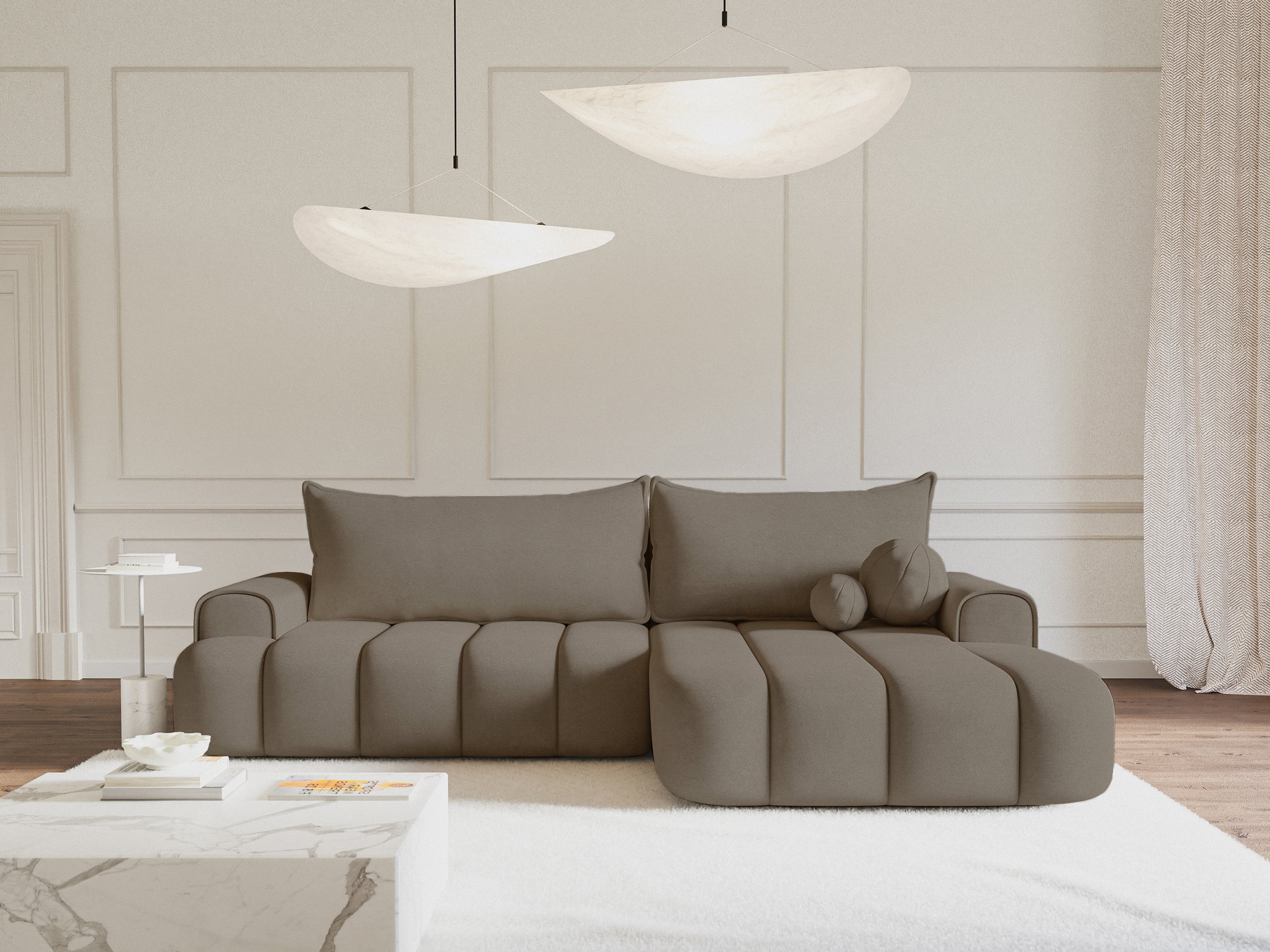 Ecksofa mit Schlaffunktion Dandelino, L-förmig, rechtsseitig, mit Stauraum, dunkelbeiges Samtvelours