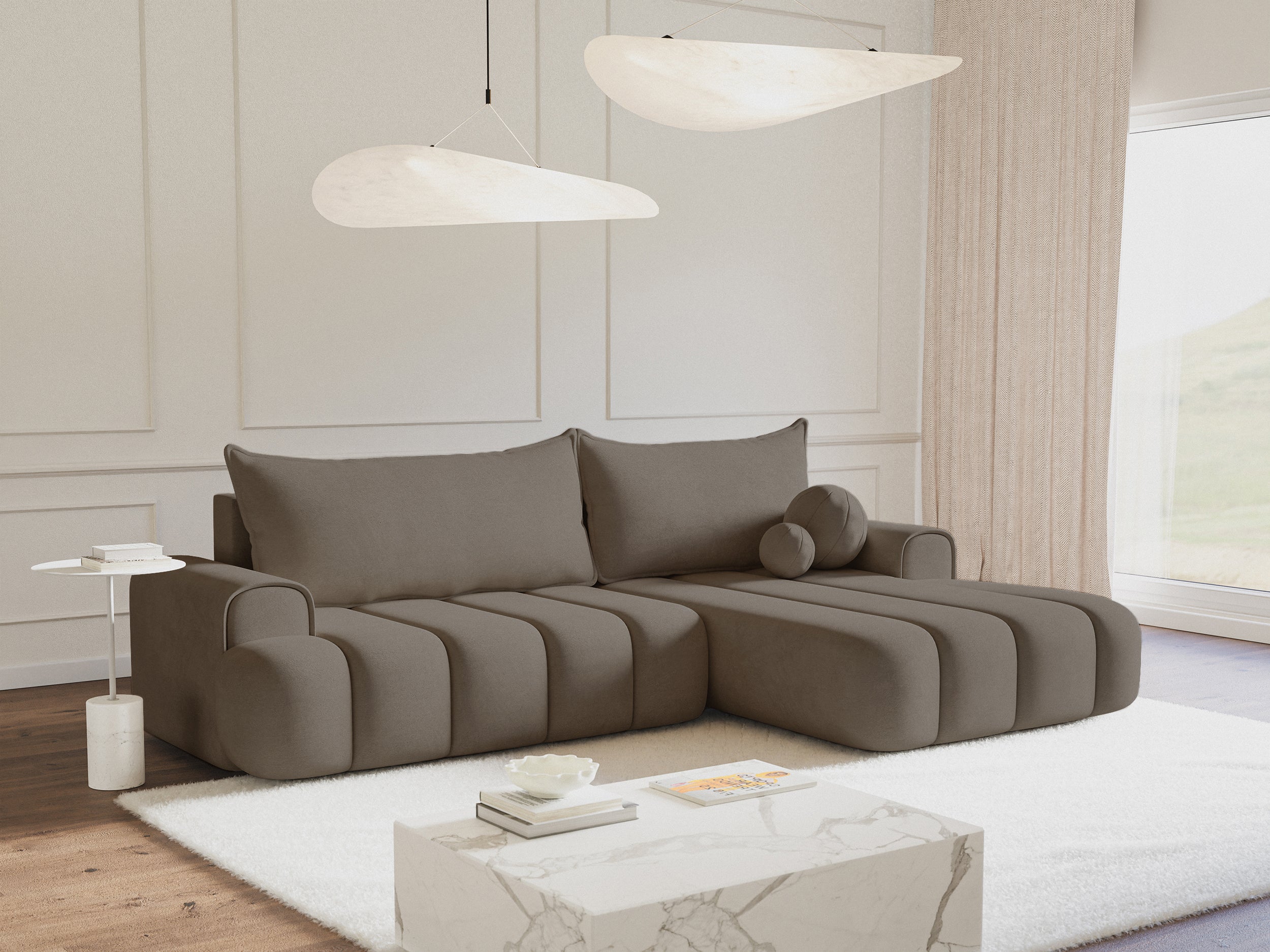 Ecksofa mit Schlaffunktion Dandelino, L-förmig, rechtsseitig, mit Stauraum, dunkelbeiges Samtvelours