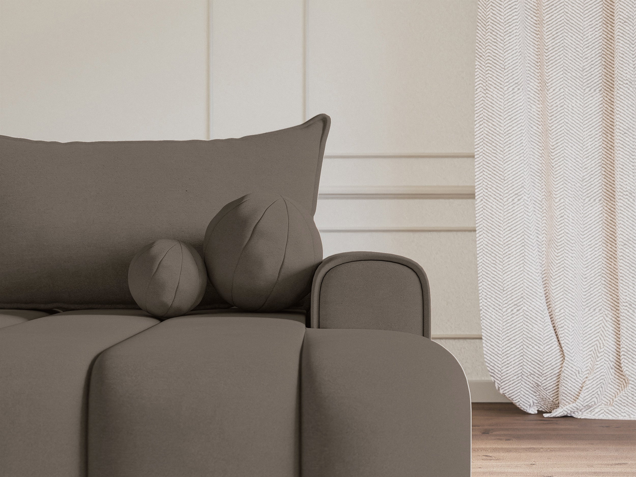 Ecksofa mit Schlaffunktion Dandelino, L-förmig, rechtsseitig, mit Stauraum, dunkelbeiges Samtvelours
