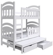 Etagenbett 75x180 cm Dopio für drei Personen mit Matratzen und Schubladen, weiß