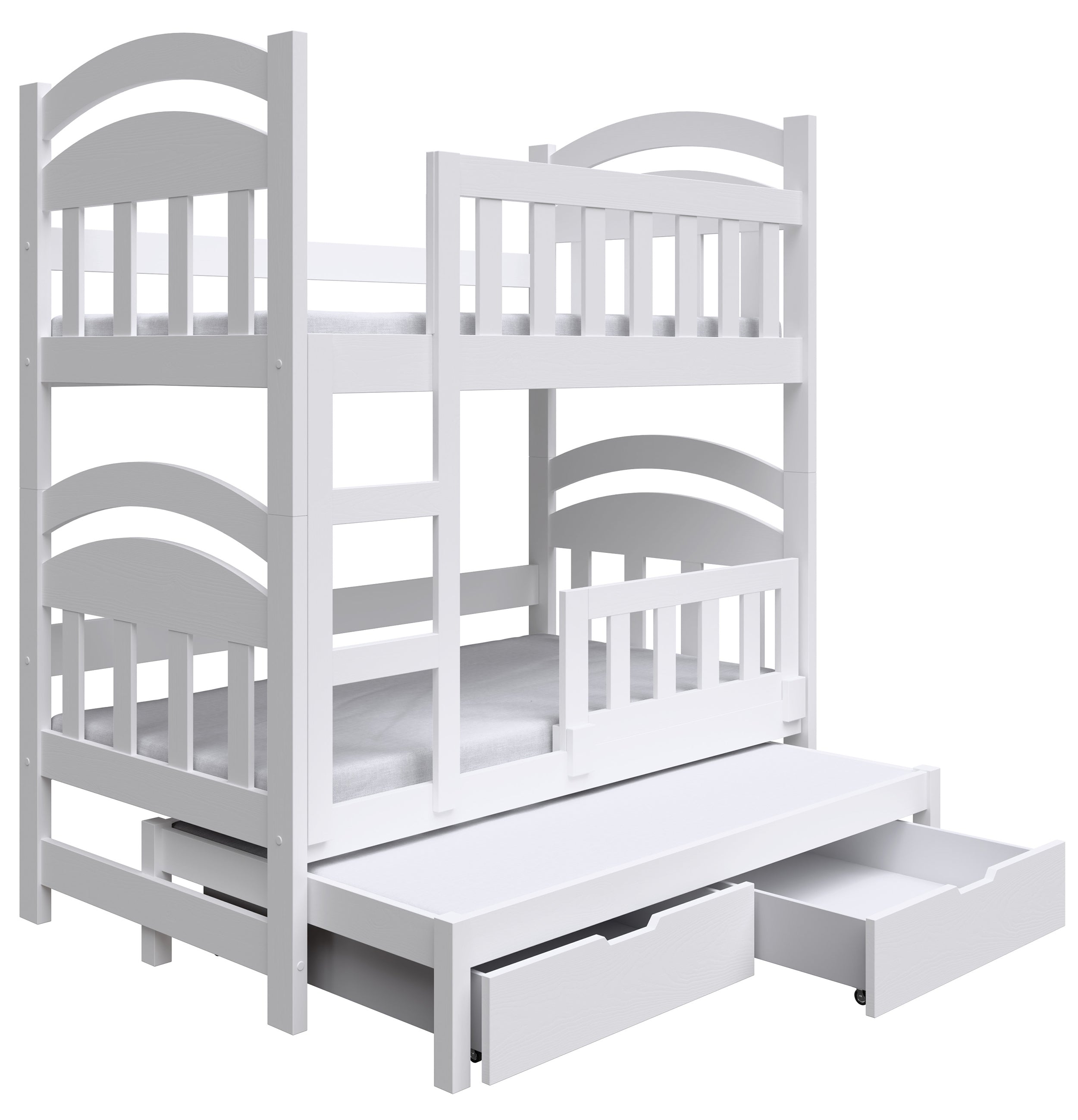 Etagenbett 75x180 cm Dopio für drei Personen mit Matratzen und Schubladen, weiß