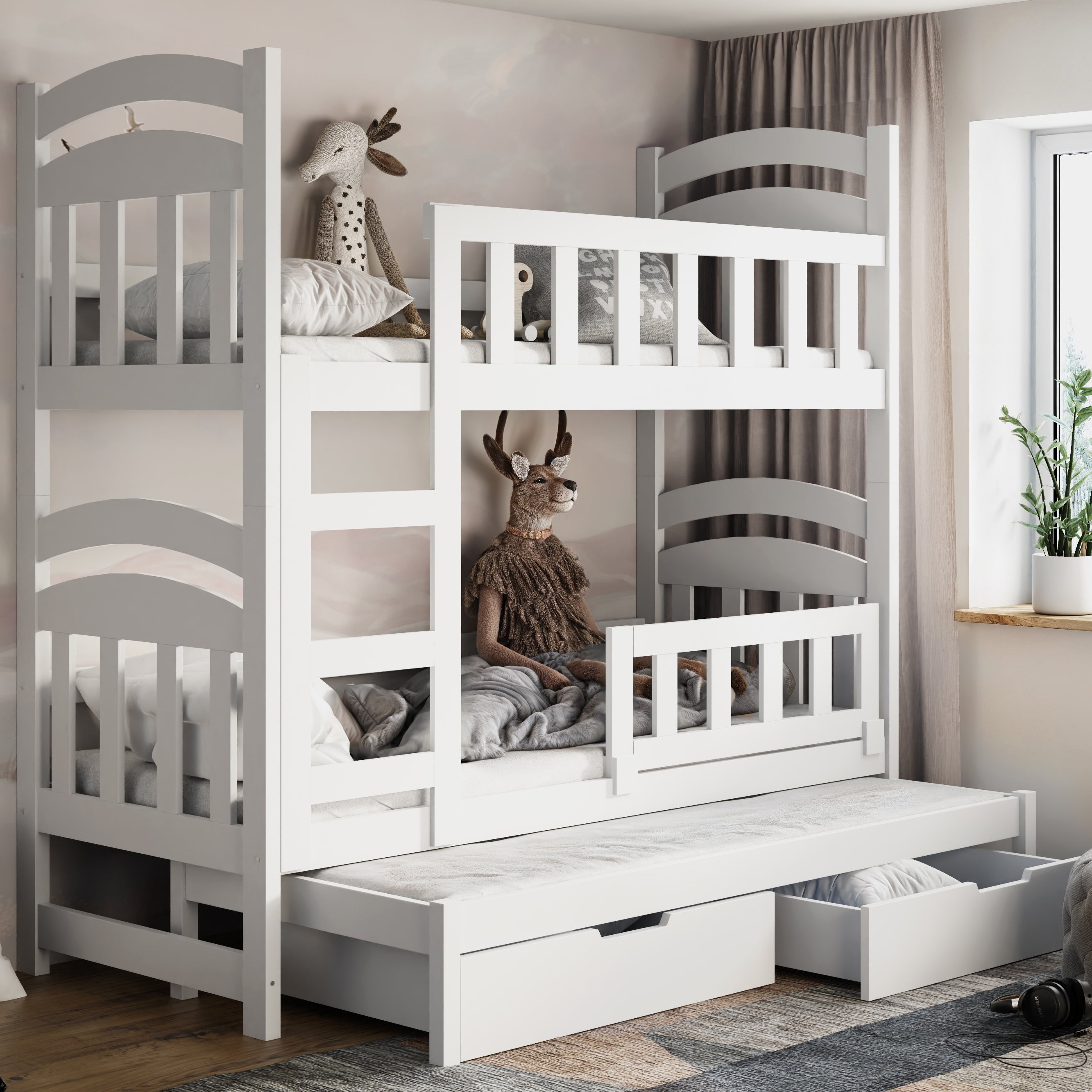 Etagenbett 75x180 cm Dopio für drei Personen mit Matratzen und Schubladen, weiß