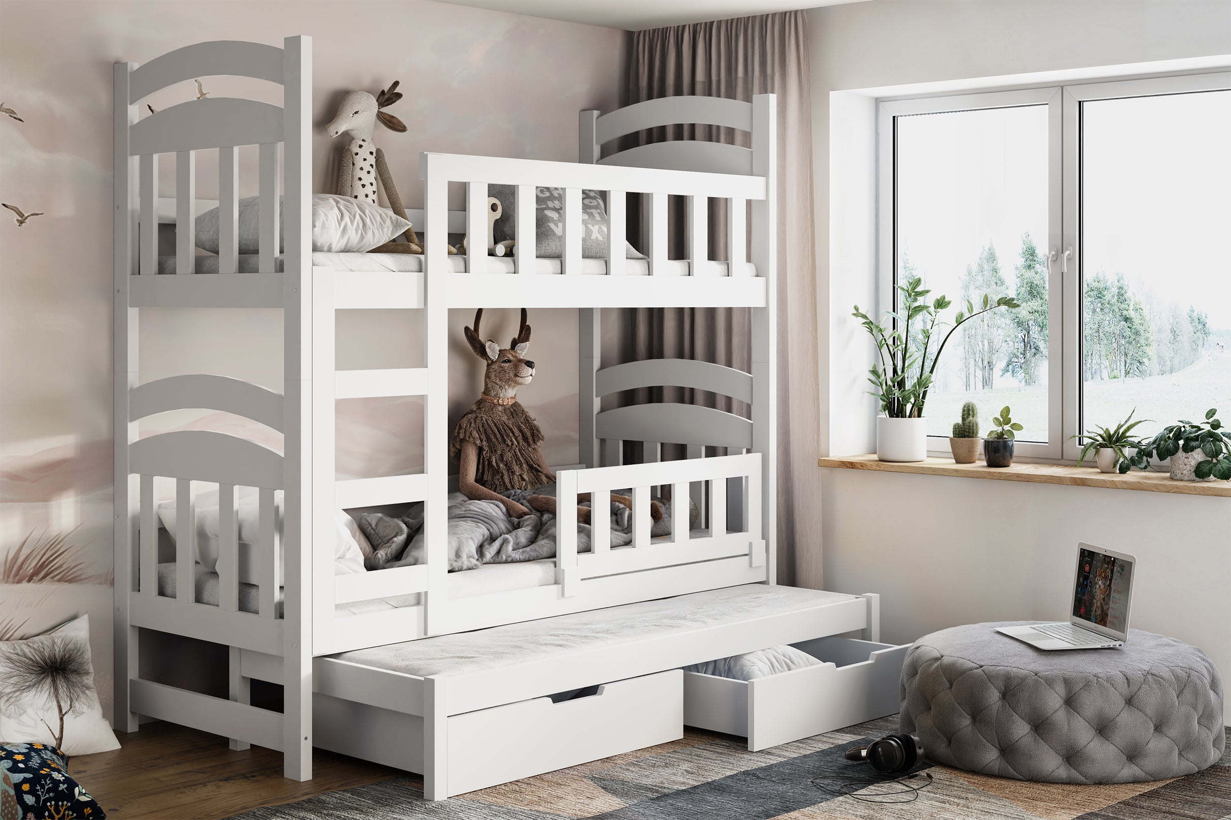 Etagenbett 75x180 cm Dopio für drei Personen mit Matratzen und Schubladen, weiß