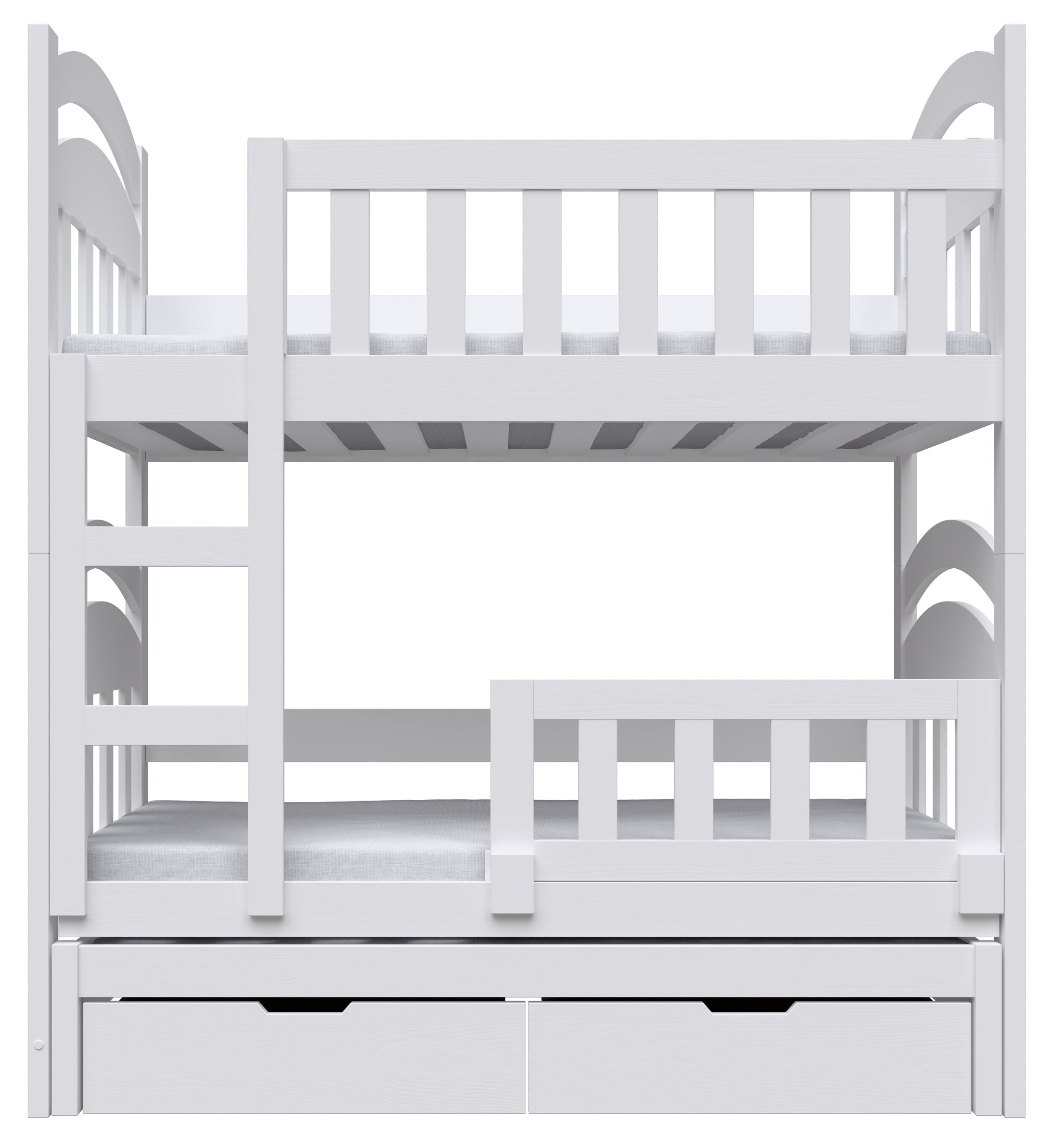 Etagenbett 75x180 cm Dopio für drei Personen mit Matratzen und Schubladen, weiß