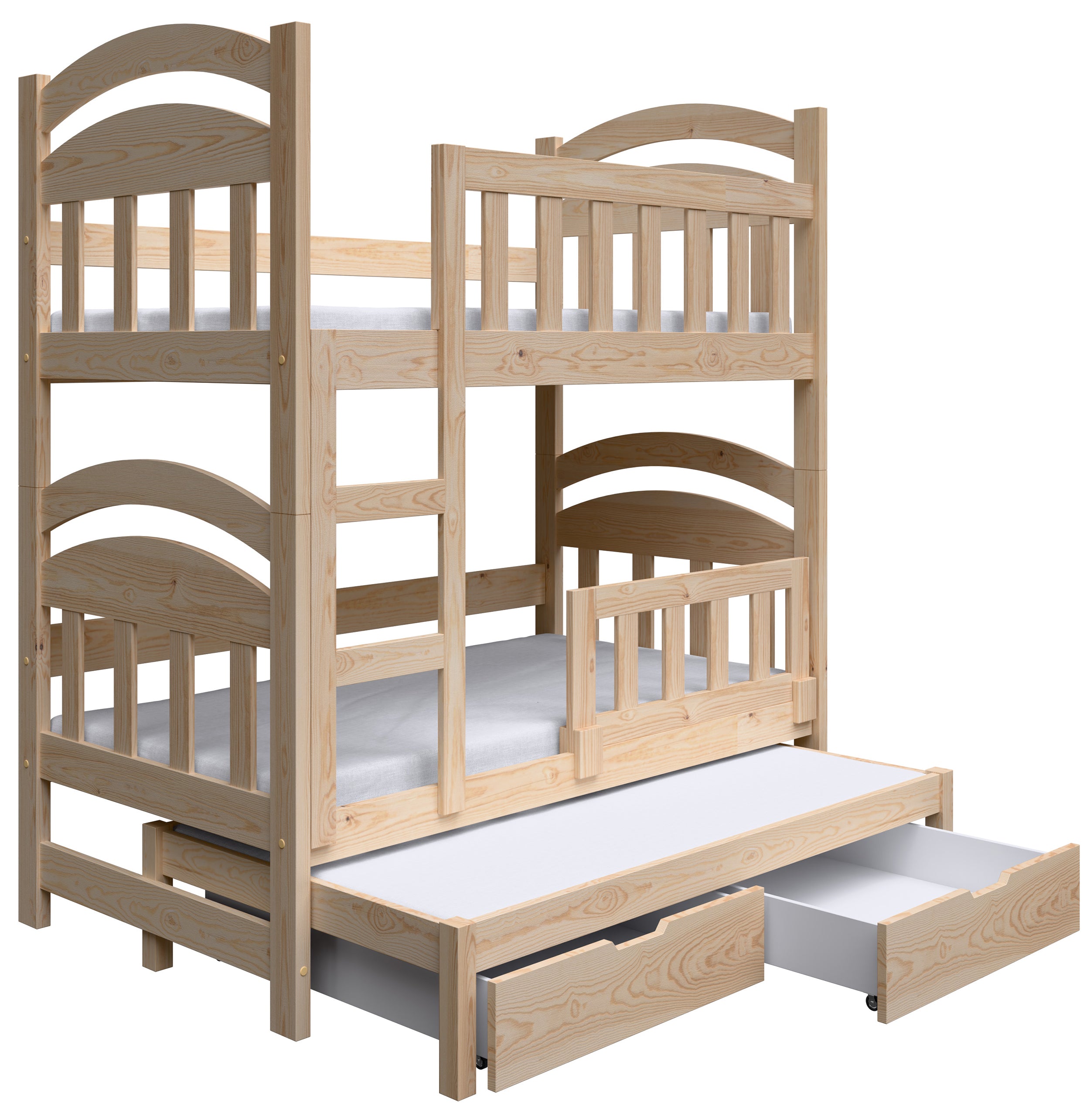 Etagenbett 75x180 cm Dopio für drei Personen mit Schubladen Kiefer