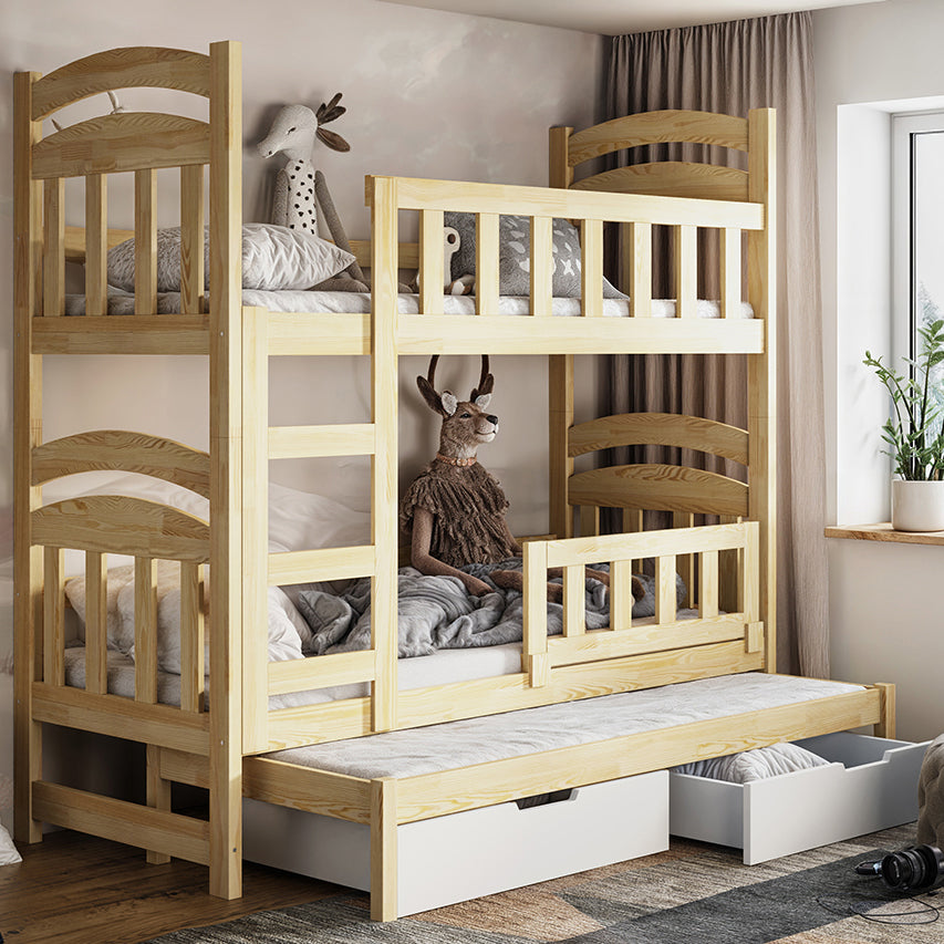 Etagenbett 75x180 cm Dopio für drei Personen mit Schubladen Kiefer