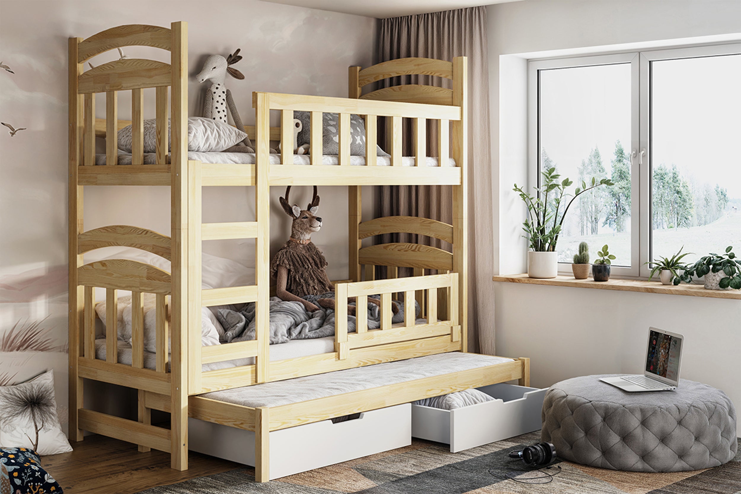 Etagenbett 75x180 cm Dopio für drei Personen mit Schubladen Kiefer